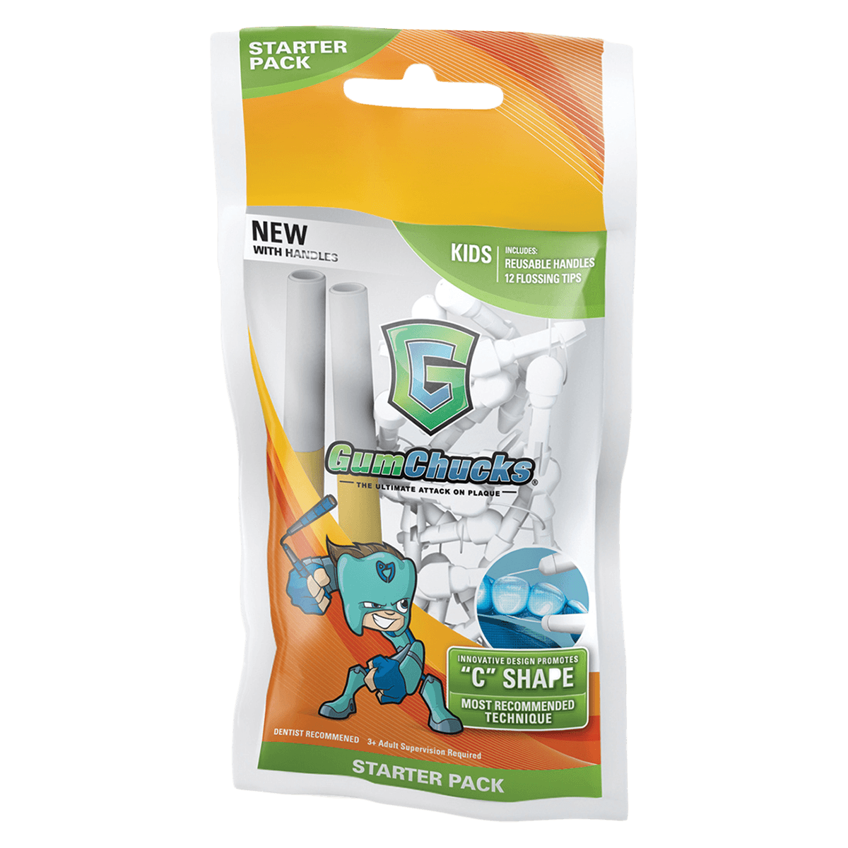 GumChucks KIDS Flossers Starter Pack, 7 in, White, 1 Set with 12 Disposable Tips
