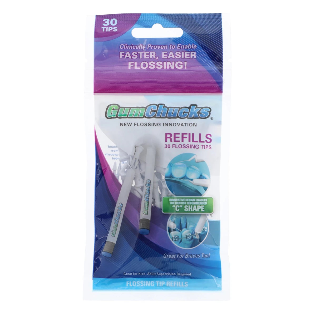 GumChucks Flossing Tips Refill, Waxed, Unflavored, White, 30/Pkg