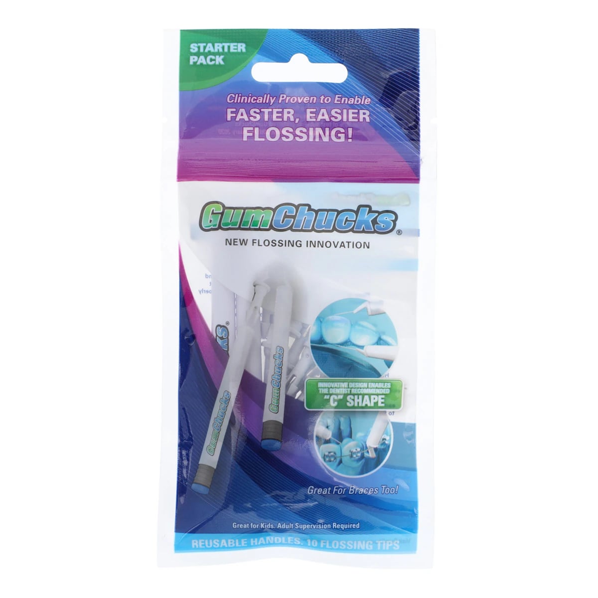 GumChucks Adult Flossers Starter Pack, White, 1 Set Handles/10 Disposable Tips, Unflavored