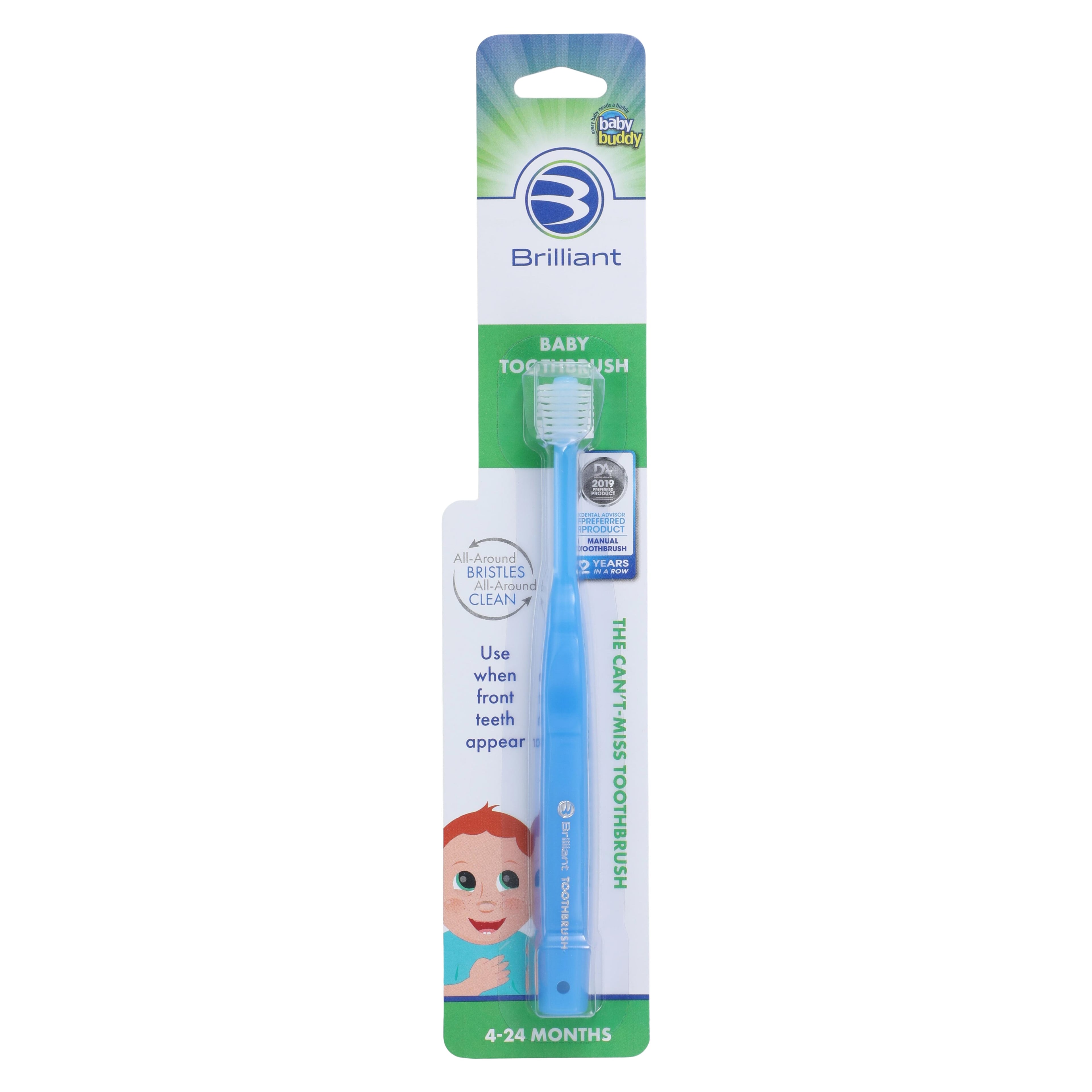 Baby Buddy Brilliant Baby Toothbrush Step 1, Ultra Soft, Ages 4-24 Months, Blue, 29 Tuft, 1/Ea