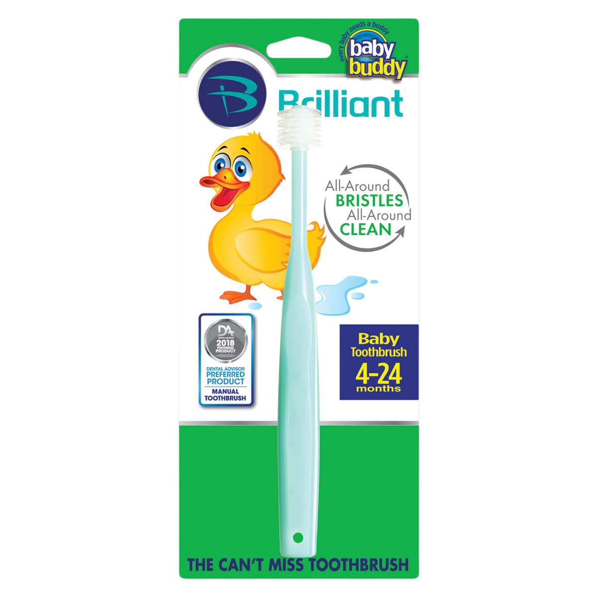 Baby Buddy Brilliant Baby Toothbrush Step 1, Ultra Soft, Green, Ages 4-24 Months, 29 Tuft