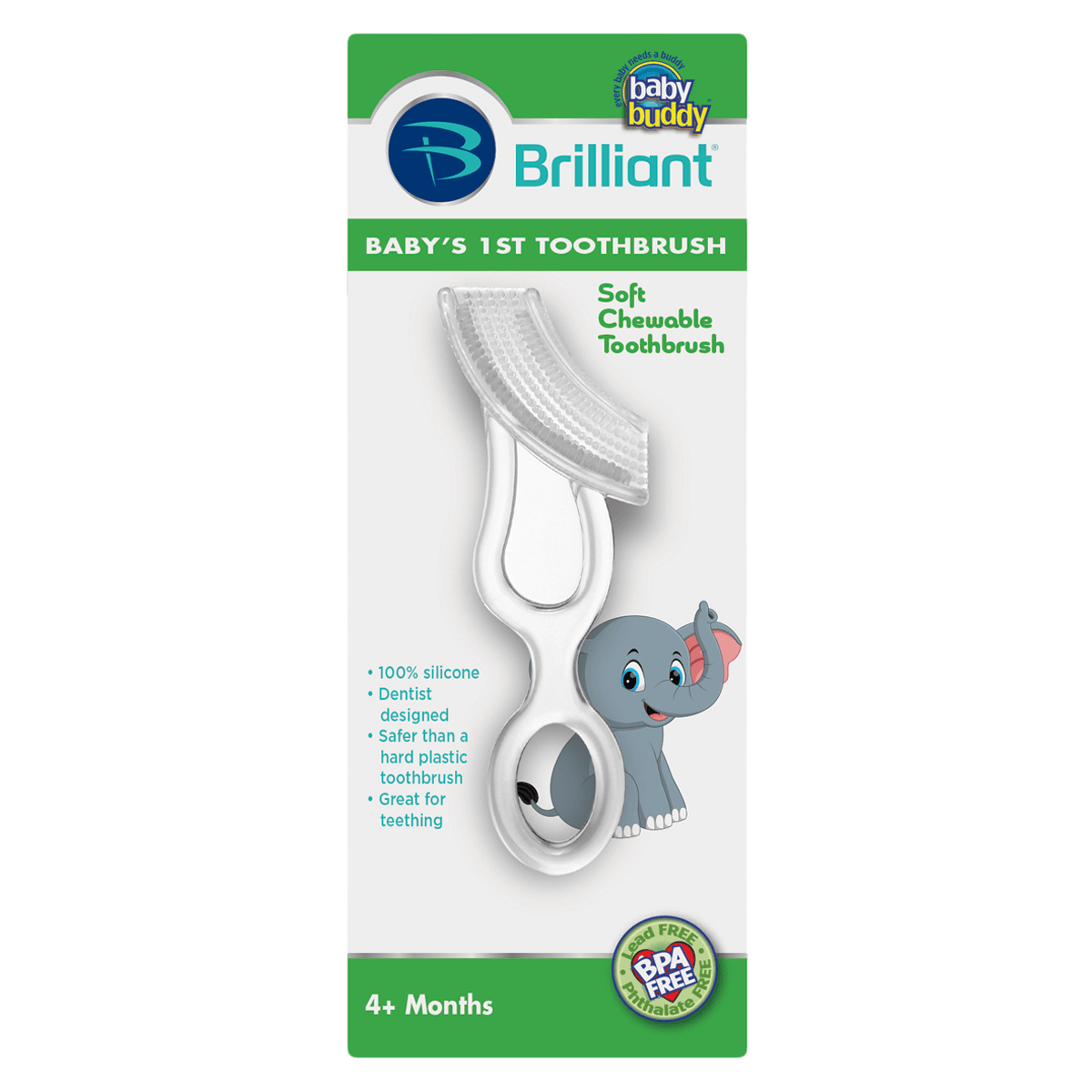 Brilliant Baby's 1st Toothbrush, Infant (Ages 4+ Months), Soft Silicone, Dual-Sided, Clear, 128 Tuft, 01KEZKNHNQDT9K658JQRS510GM