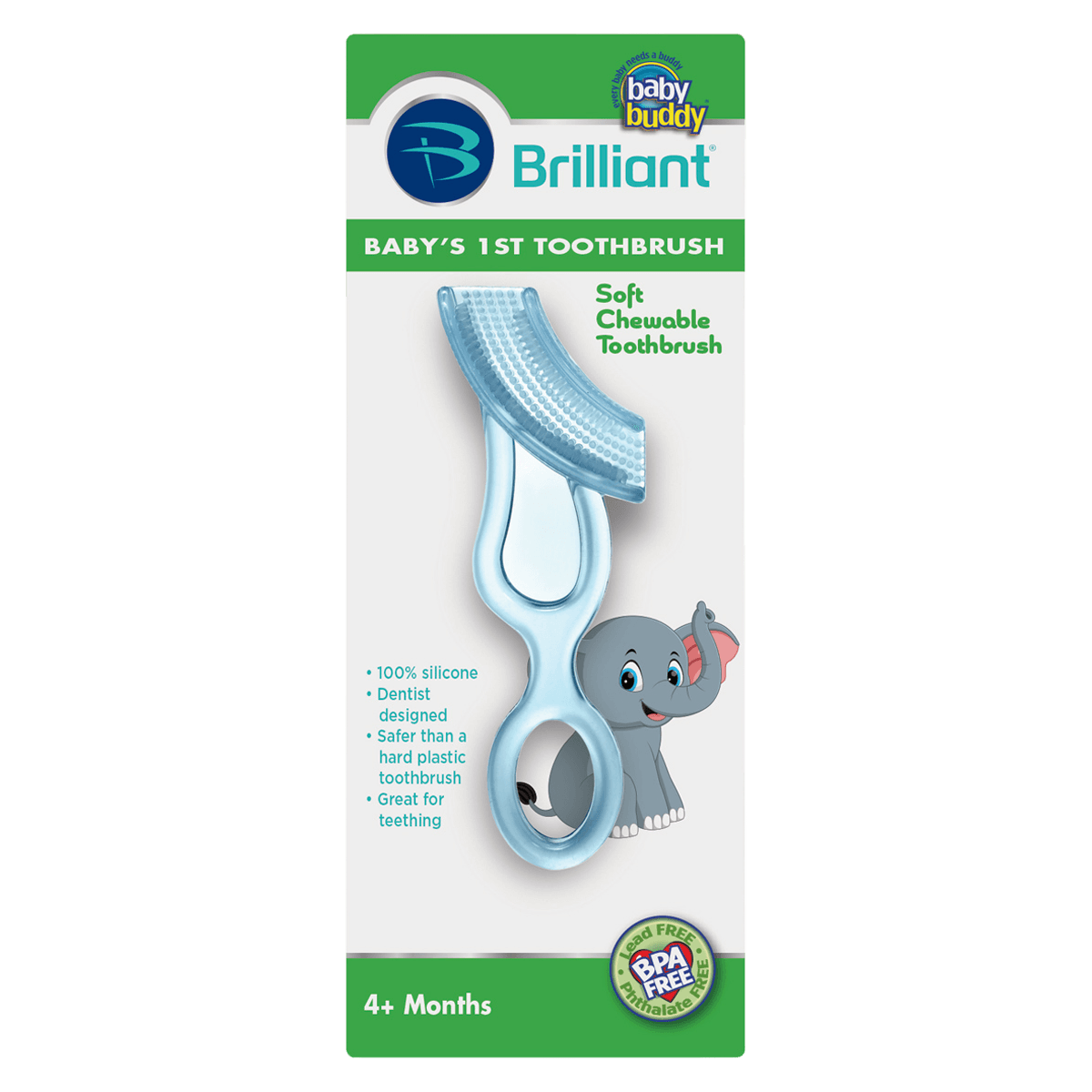 Brilliant Baby's 1st Toothbrush, Infant (Ages 4+ Months), Dual-Sided Silicone, Blue