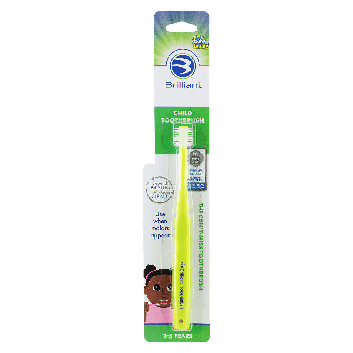 Brilliant Child Toothbrush, Baby Buddy, 2-5 Years, 32 Tuft, 360 Degree, Lime, Compact
