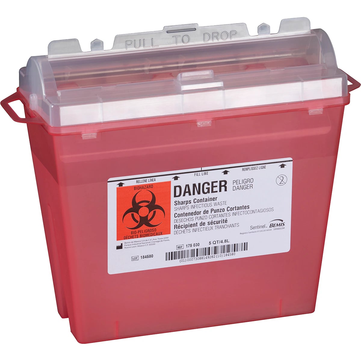 Bemis Sentinel Sharps Container, Wall Mounted, 5qt, Rotating Cylinder Top, Translucent Red, 32/Bx