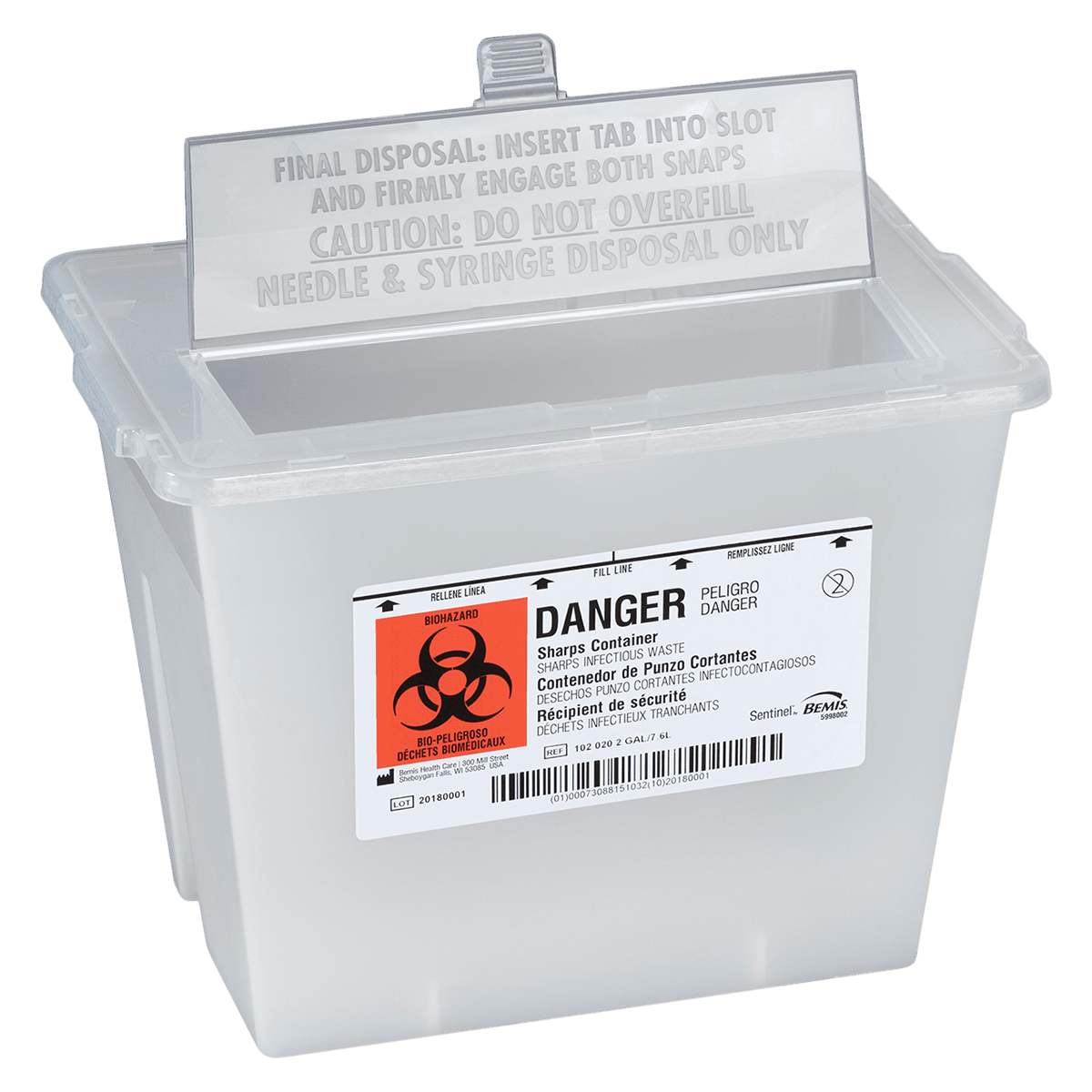 Sentinel Sharps Container, 2 Gallon, Translucent Beige, 11-5/8 x 7-3/4 x 8-5/8 in, Autoclavable, Horizontal Drop, 30/Case