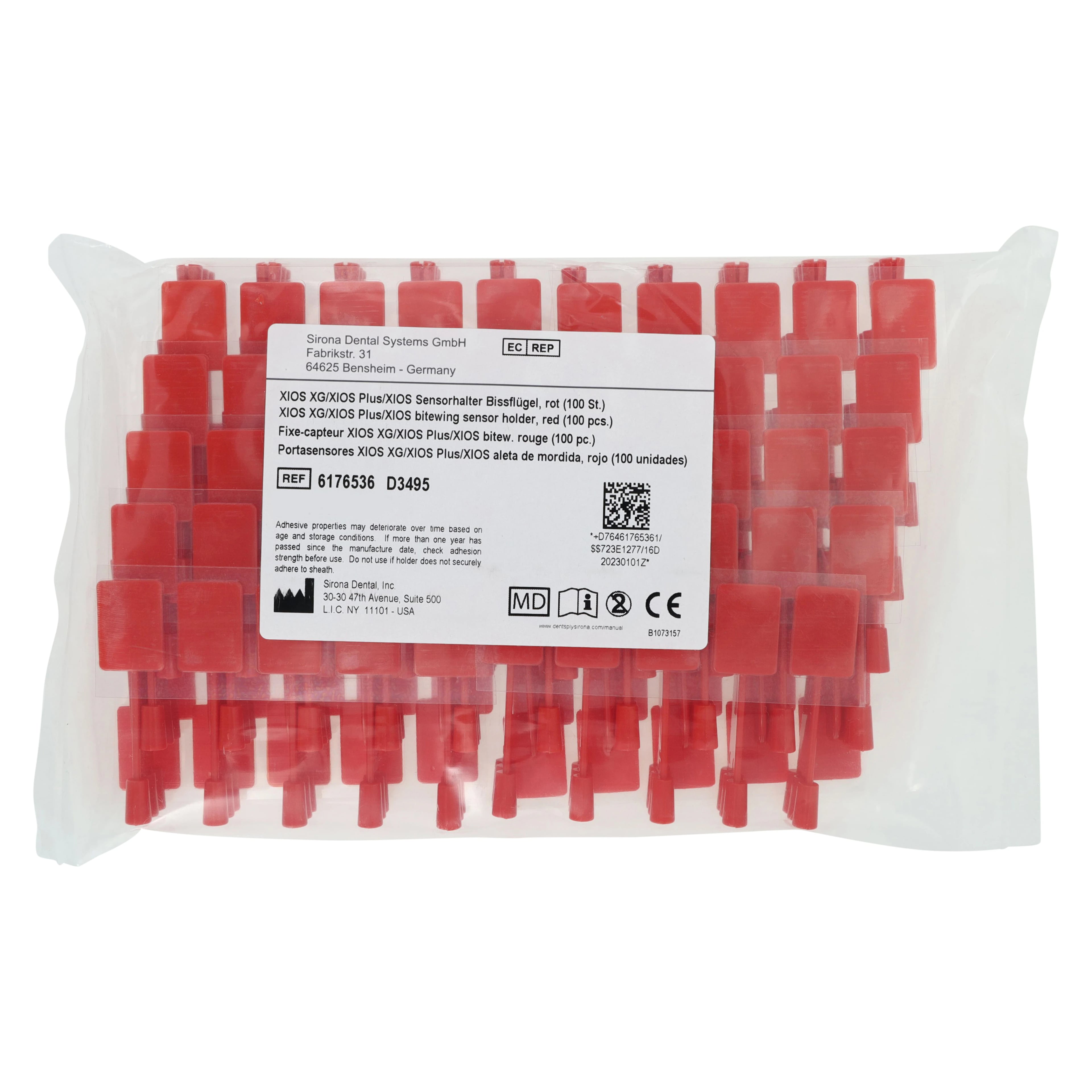 Sirona Xios XG Sensor Holder, Bitewing Bite Blocks with Adhesive, Red, 100/Pk, 6176536