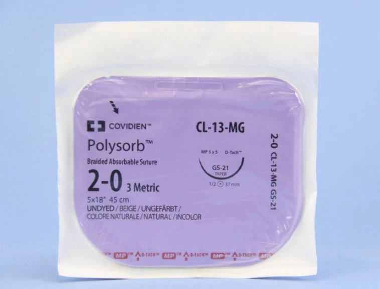 Medtronic Polysorb Absorbable Suture, 2-0, 18", GS-21 Taper Point 1/2 Circle Needle 37mm, Undyed, 12/Case