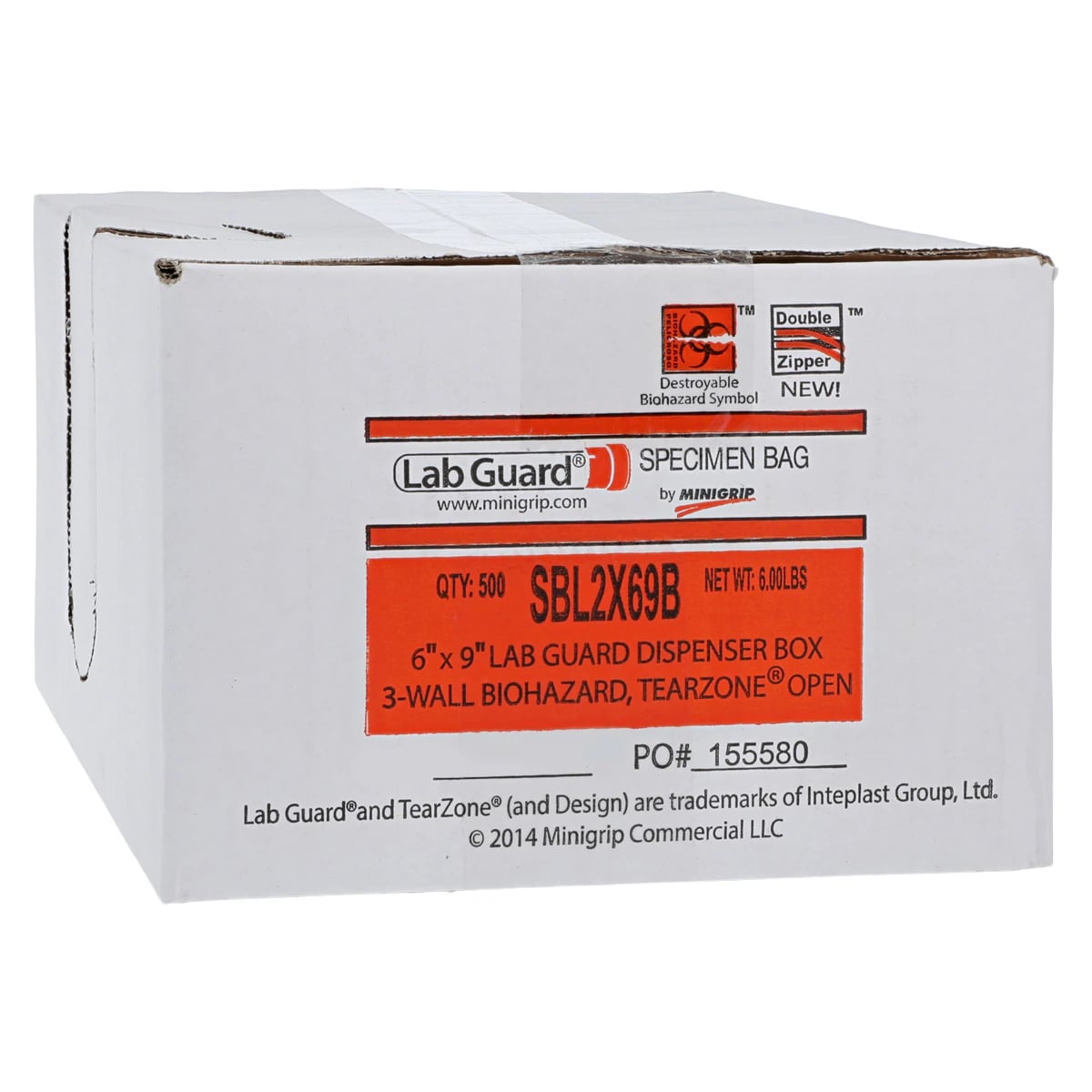 Lab Guard Specimen Bag, 6x9", Double Zip Closure, Destroyable Biohazard Symbol, 500/Box
