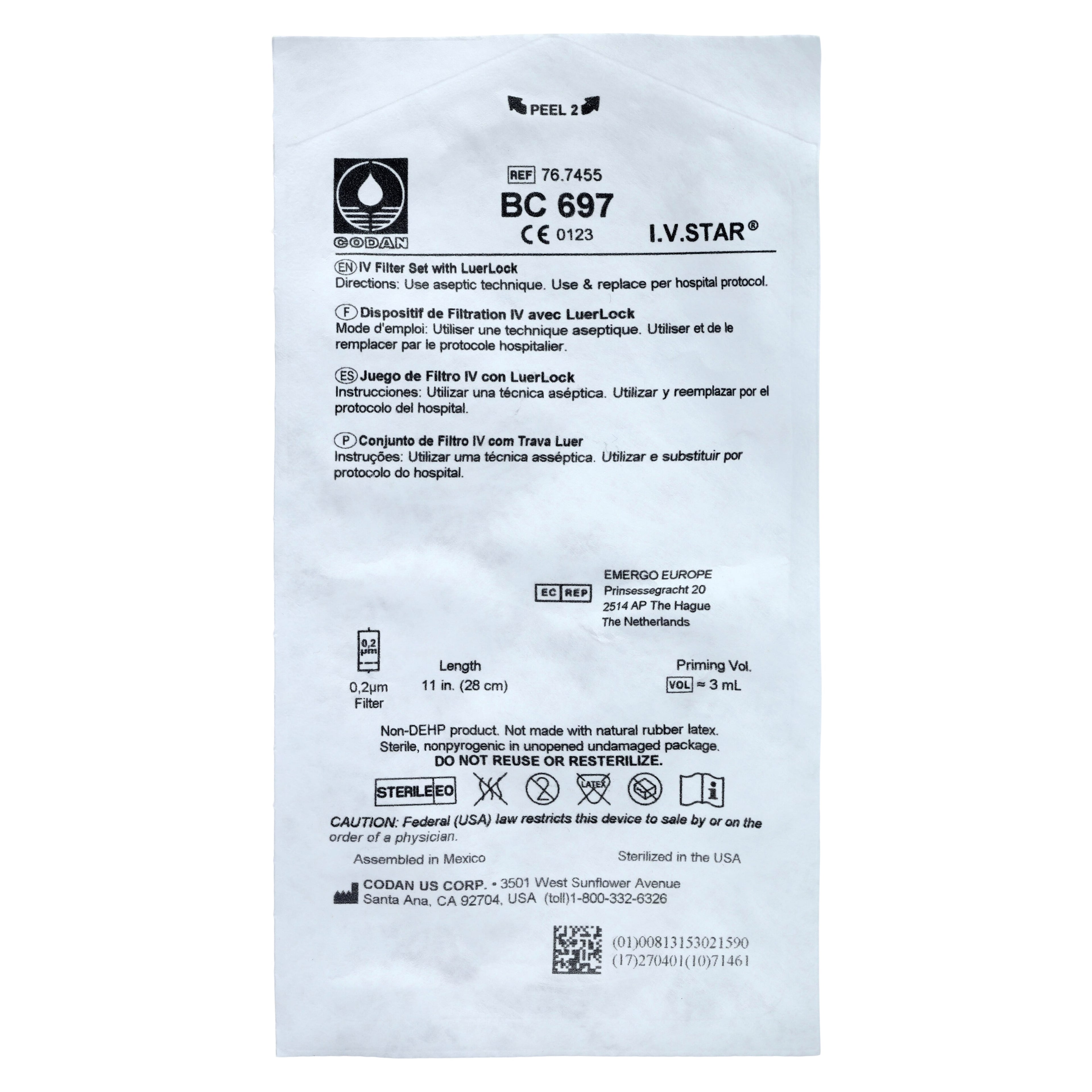 Codan IV Extension Set with 0.2 Micron Air-Eliminating Filter, 11" Female Luer Lock Adapter, On/Off Clamp/FlowStop Cap, Regular Bore, 50/Case