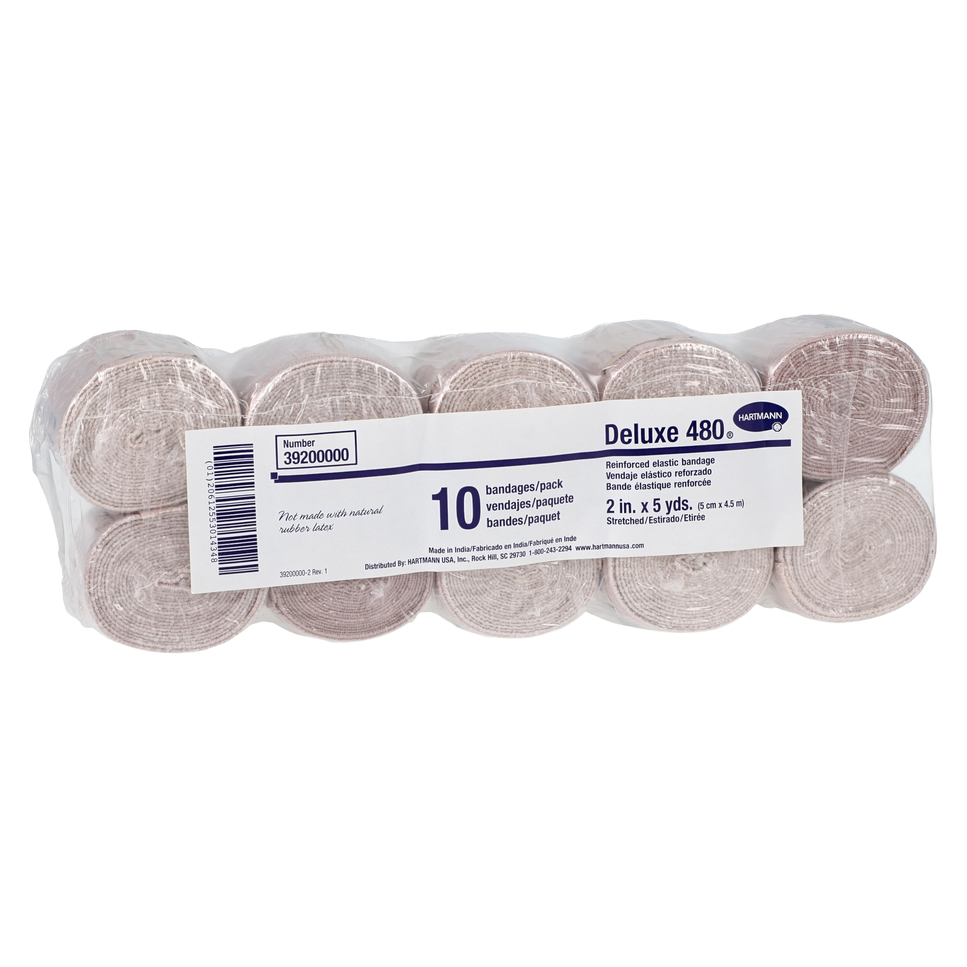 Hartmann Deluxe 480 LF Elastic Bandage, Cotton/Polyester/Spandex, 2" x 5 yd, Tan, Non-Sterile, 10/Package