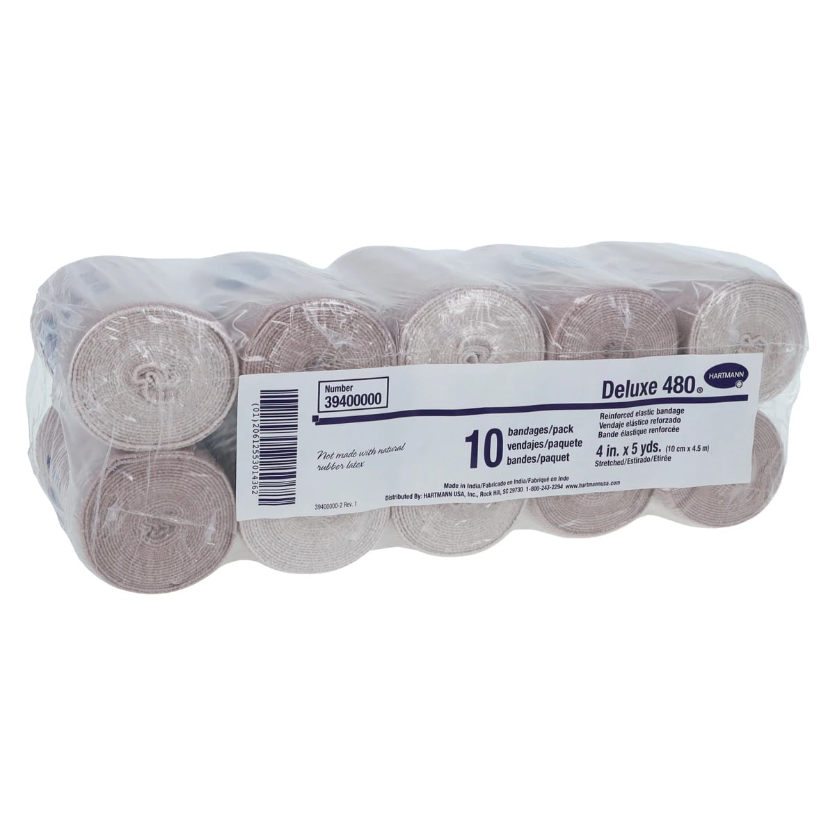 Hartmann Deluxe 480 LF Elastic Bandage, Cotton/Polyester/Spandex, 4" x 5 yd, Tan, Non-Sterile, 10/Package