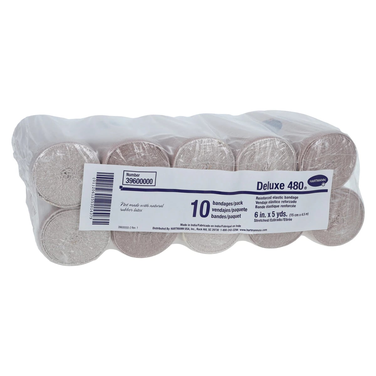 Hartmann Deluxe 480 LF Elastic Bandage, Cotton/Polyester/Spandex, 6" x 5 yd, Tan, Non-Sterile, 10/Package