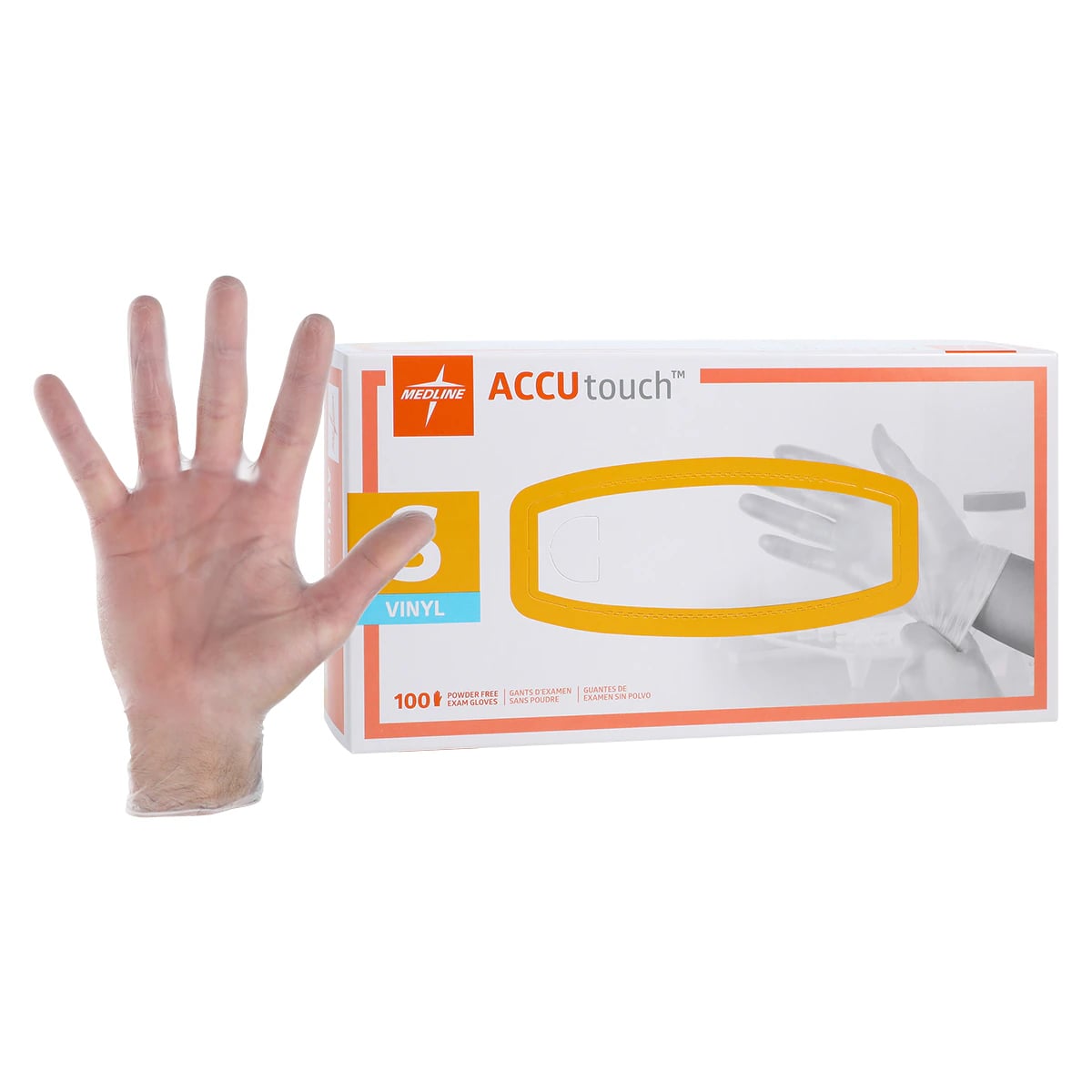 Medline AccuTouch PF Vinyl Examination Gloves, Powder Free, Non-Sterile, Small, Clear, 192074