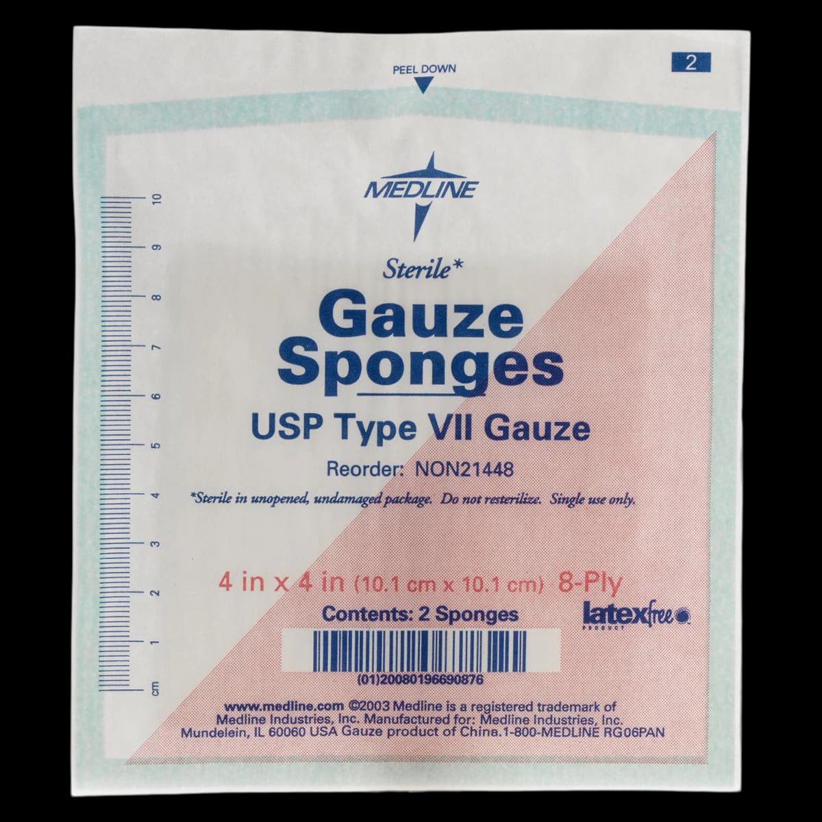 Medline Gauze Sponge Woven, 4x4", 8-Ply, Sterile, USP Type VII, Latex-Free