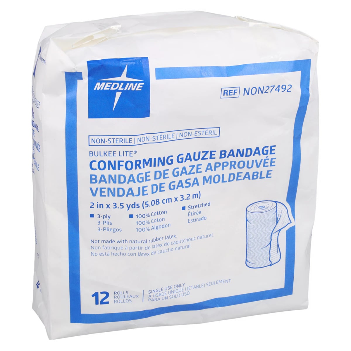 Medline Bulkee Lite Gauze Bandage, 2" x 3.5 yd, 3 Ply, Non-Sterile, 12/Bag