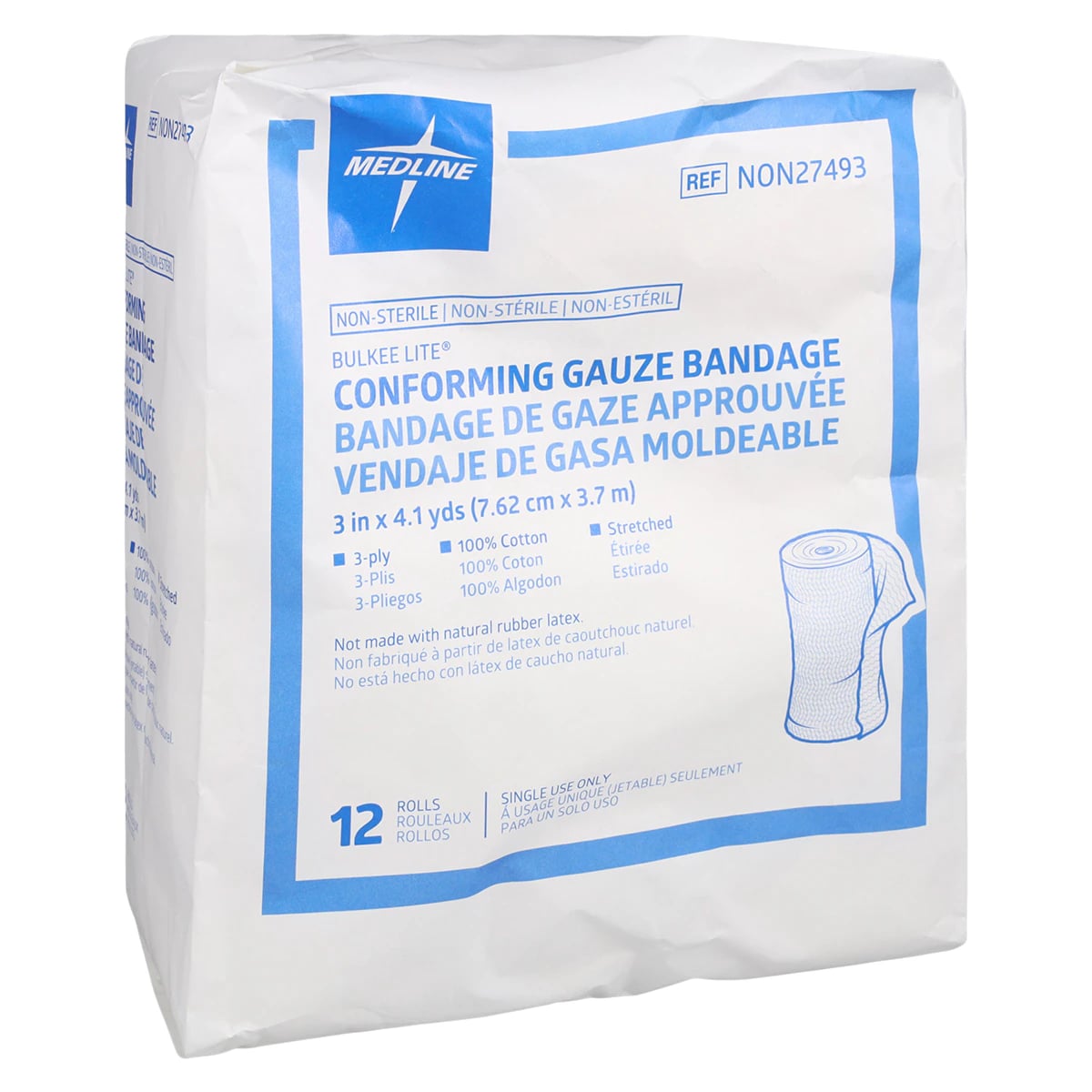 Medline Bulkee Lite Gauze Bandage, 3" x 4.1 yd, 3 Ply, Non-Sterile, 12/Bag