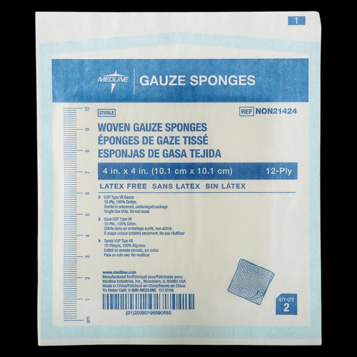 Medline 100% Cotton Woven Gauze Sponge, 4x4", 12 Ply, Sterile, USP Type VII, Latex-Free