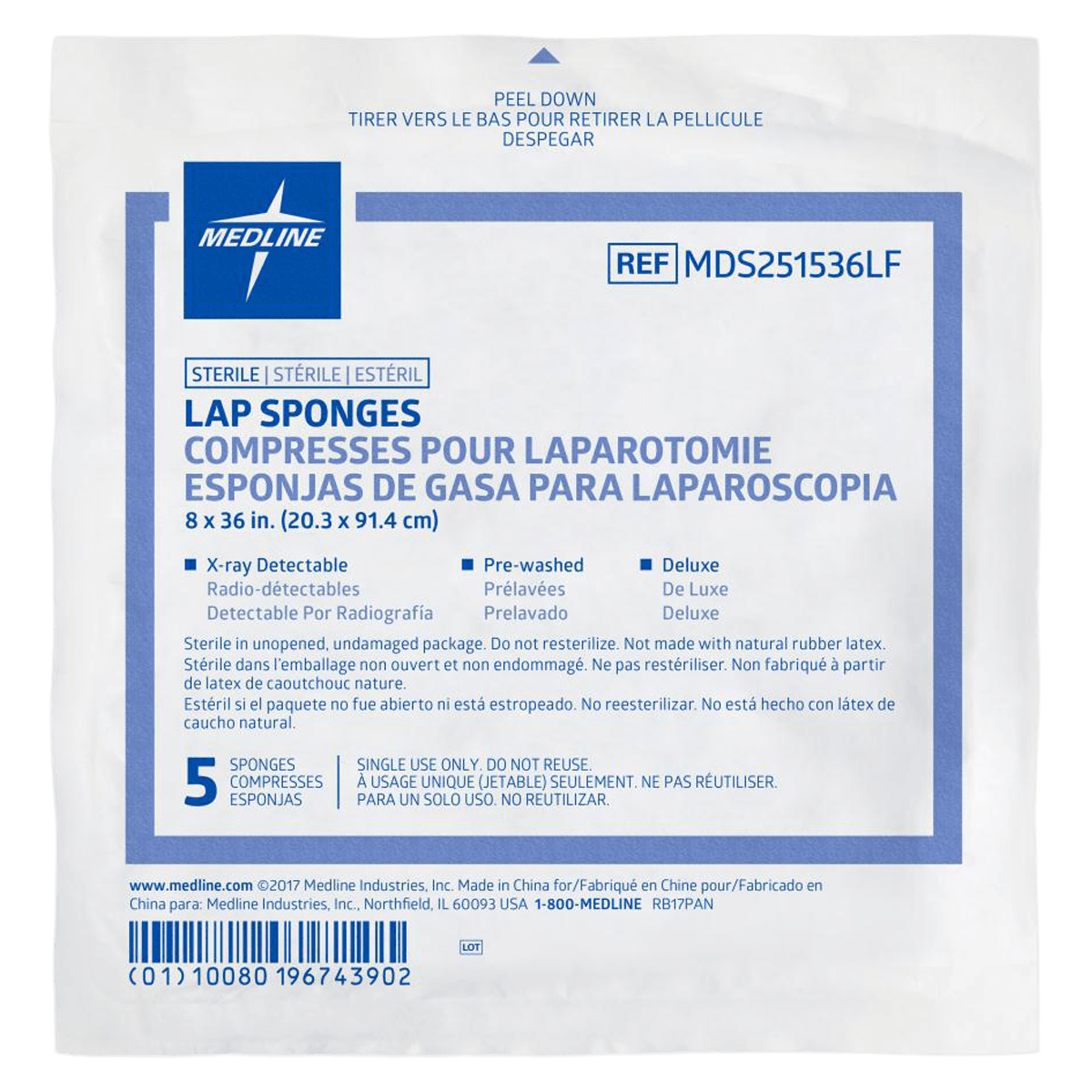 Medline Pre-Washed Laparotomy Sponge, 8" x 36", Sterile, X-Ray Detectable, Latex Free