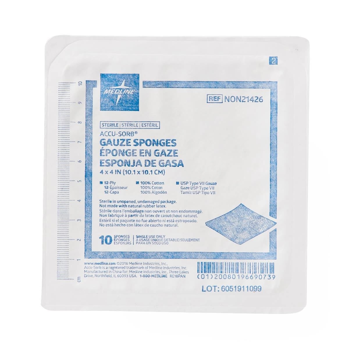 Medline 100% Cotton Woven Gauze Sponge, 4x4", 12 Ply, Sterile, USP Type VII, Latex-Free