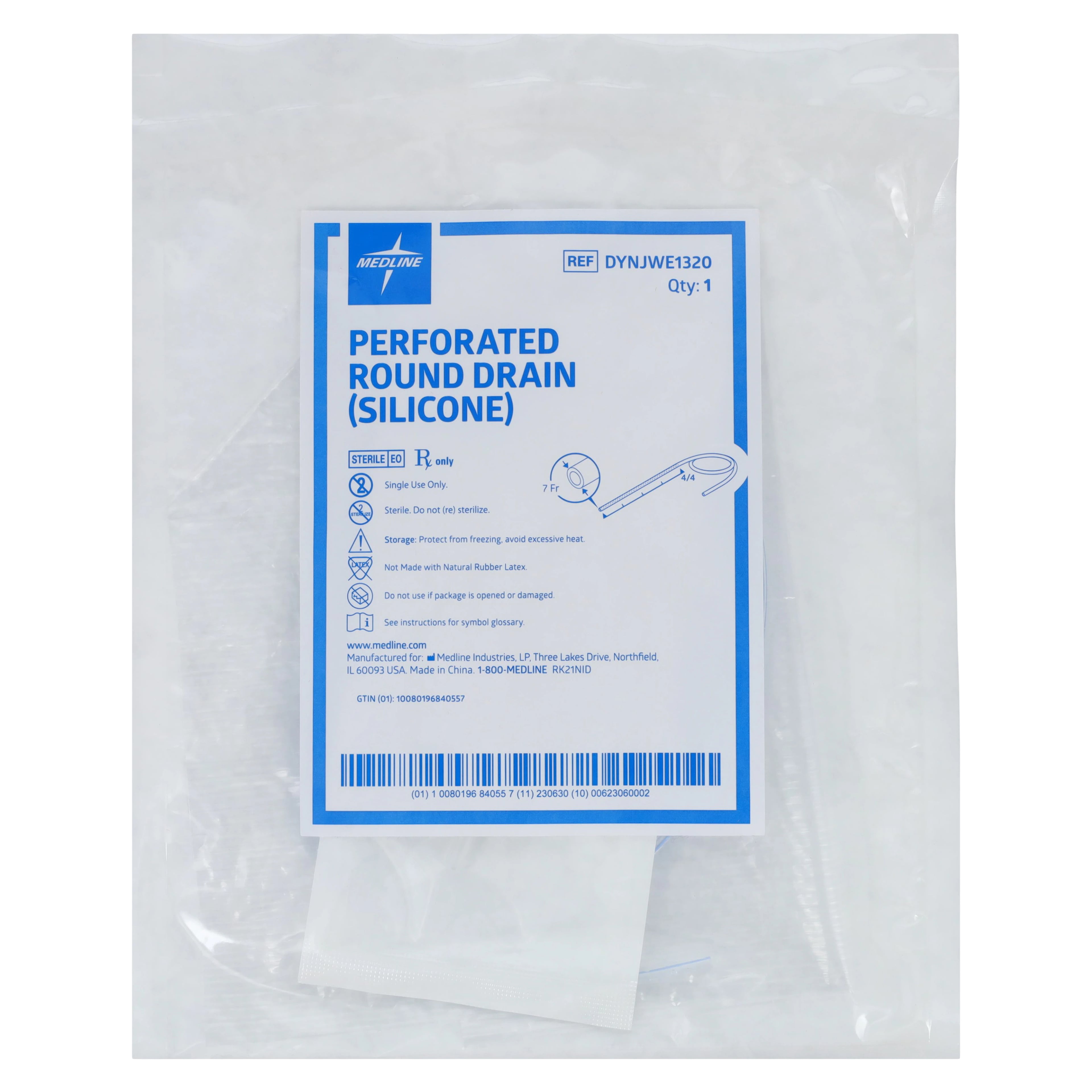 Medline Silicone Wound Drain, 7Fr, Round Tip, End Perforated
