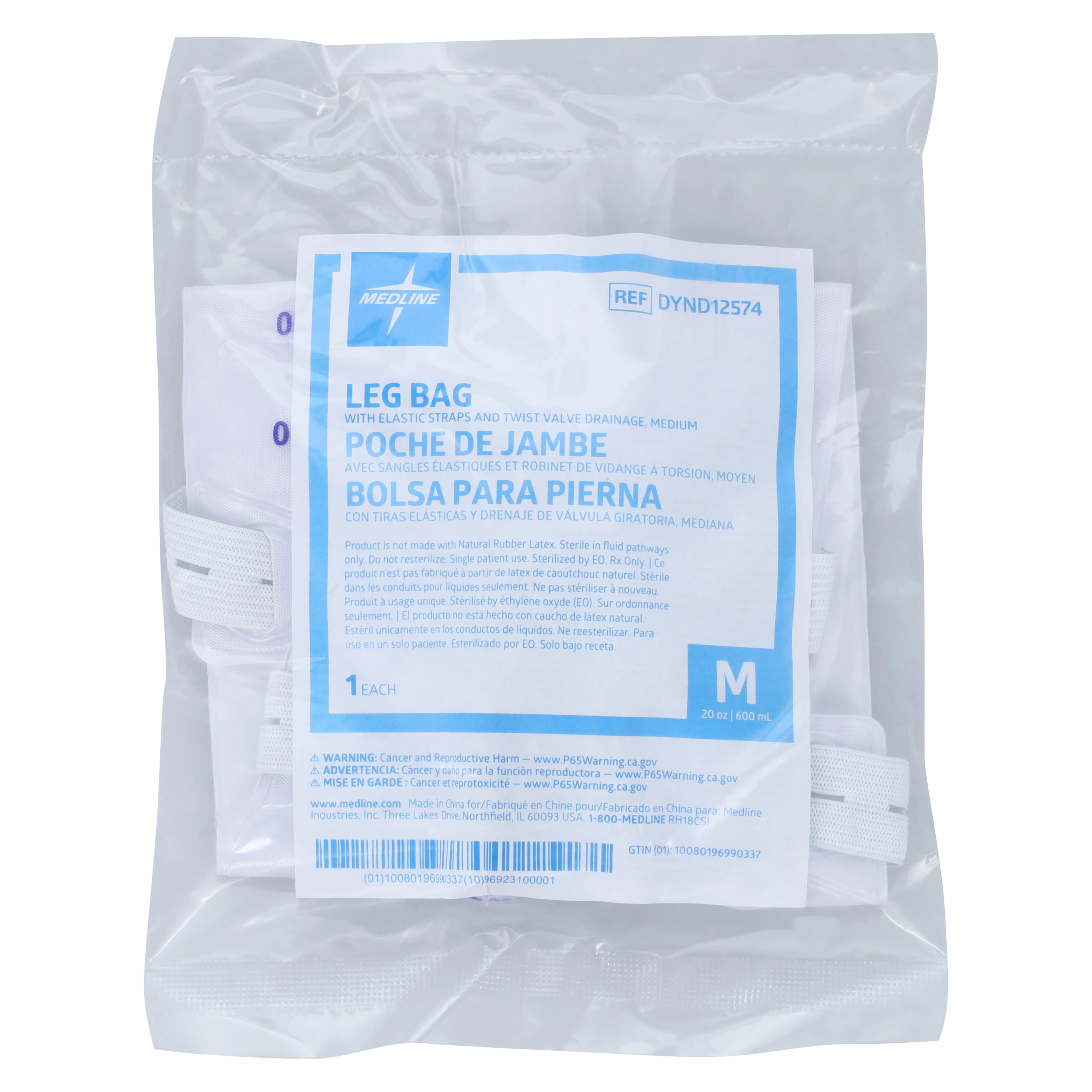 Medline Urinary Leg Bag, 19 oz, Disposable, Medium, Twist Valve