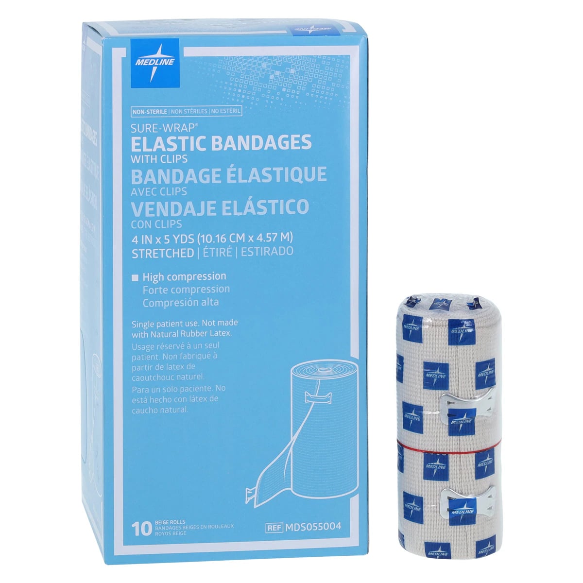 Medline Sure-Wrap Compression Bandage, Elastic, 4" x 5 yd, Beige, Non-Sterile, 10/Box