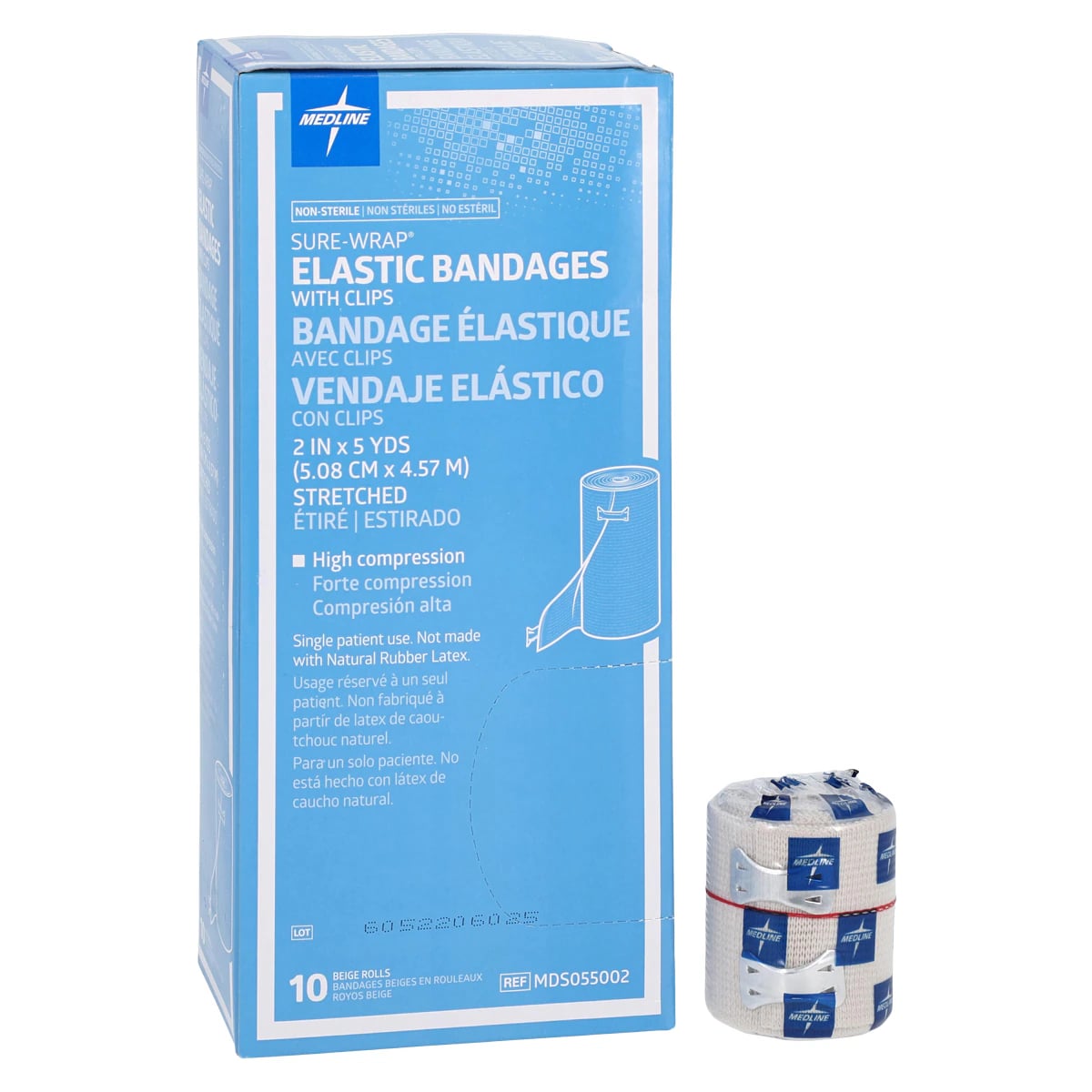 Medline Sure-Wrap Compression Bandage, Elastic, 2" x 5 yd, Beige, Non-Sterile, 10/Box