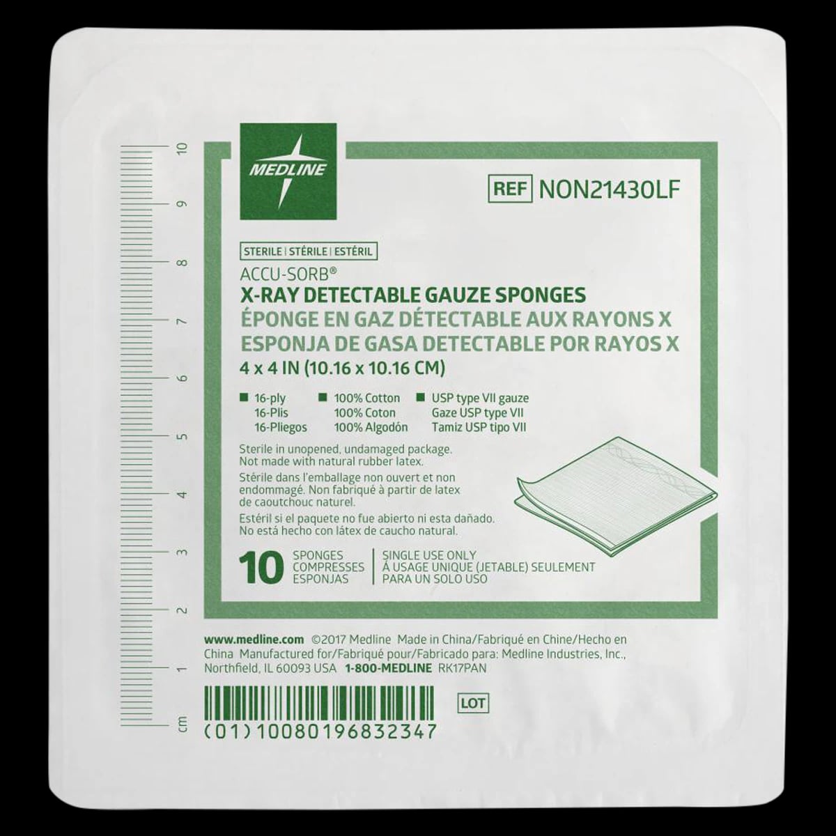 Medline Gauze Sponge X-Ray Detectable, 4x4", 16-Ply, Sterile, Latex-Free
