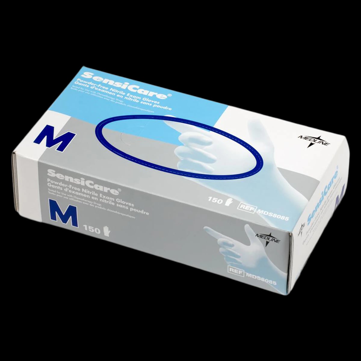 SensiCare Nitrile Exam Gloves, Powder Free, Non-Sterile, Medium, Blue, Textured Fingertip, 150/Box