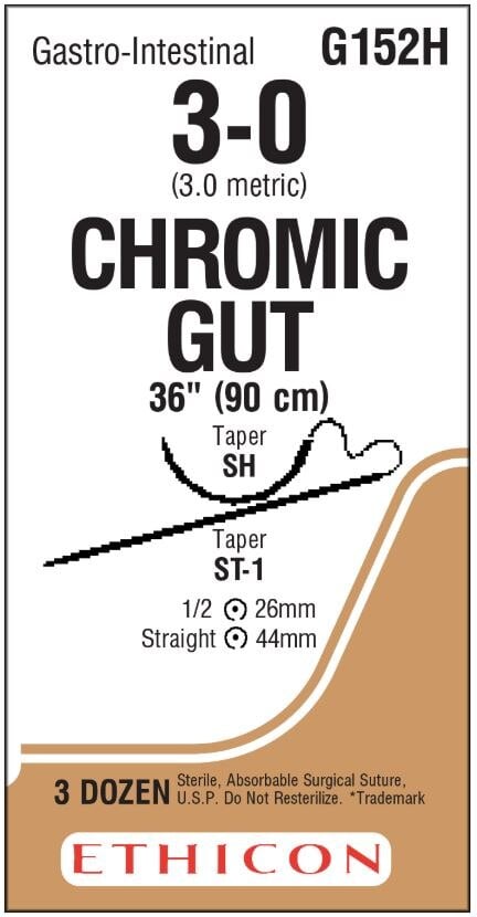 Ethicon Chromic Gut Surgical Suture, 3-0, 36" (90 cm), ST-1/SH Taper Point 1/2 Circle Needle, 36/Bx, G152H