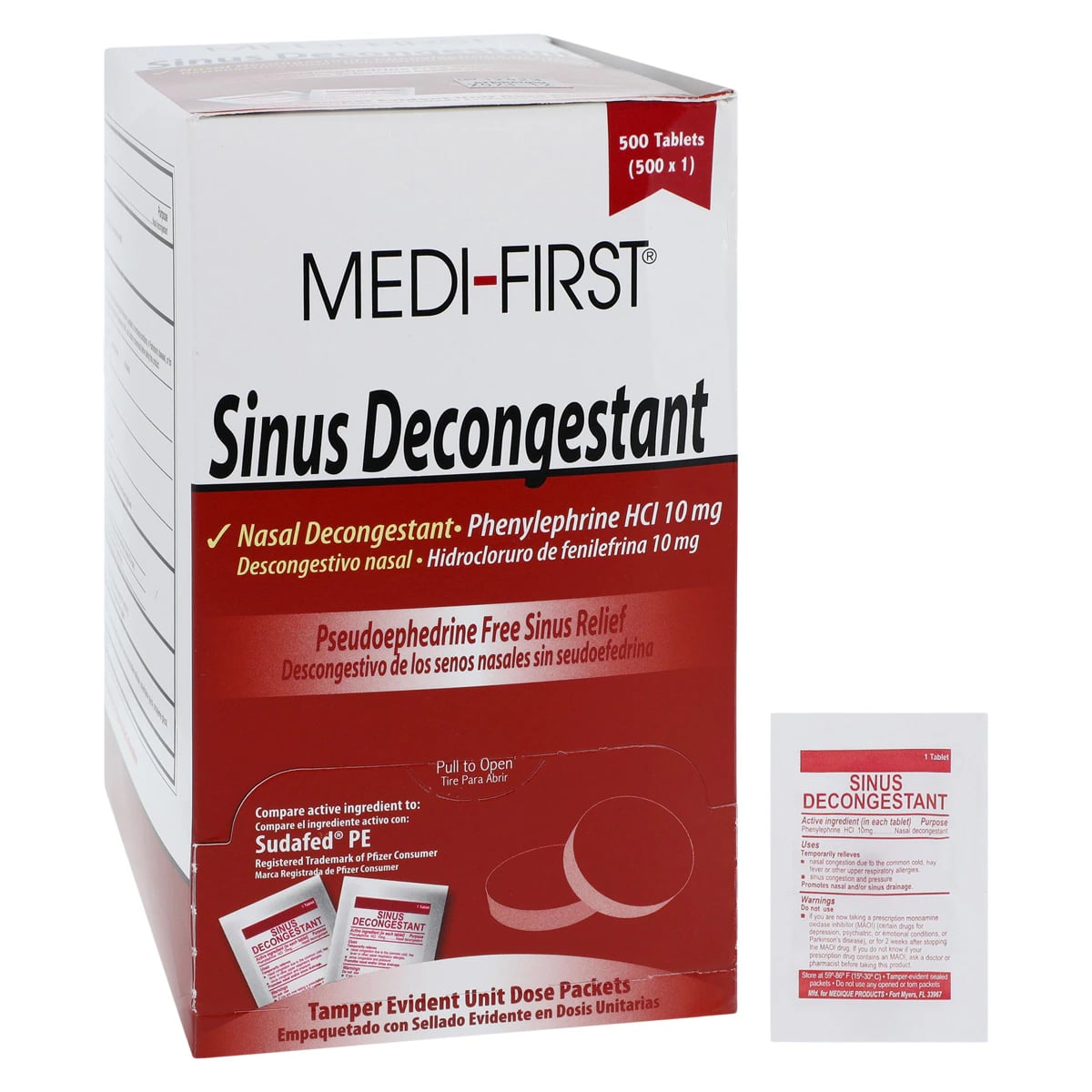 Medi-First Sinus Decongestant Oral Tablets 10mg, Unit Dose Packets, 500 Tablets/Box