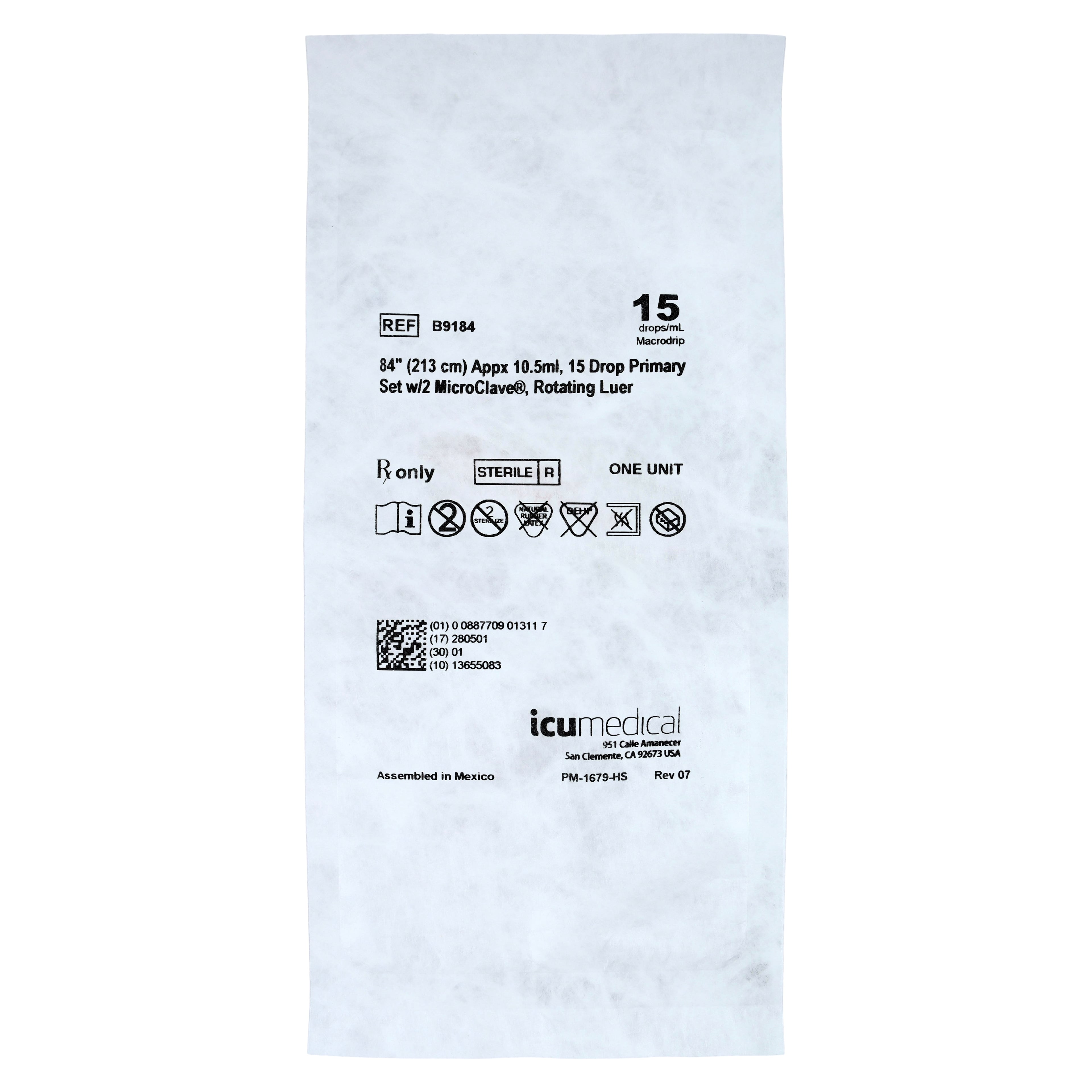 ICU Medical Primary IV Administration Set, Non-DEHP, 15 Drops/mL, 84" Tubing, Rotating Adapter, BCV-Clave/Clave, 25/Case