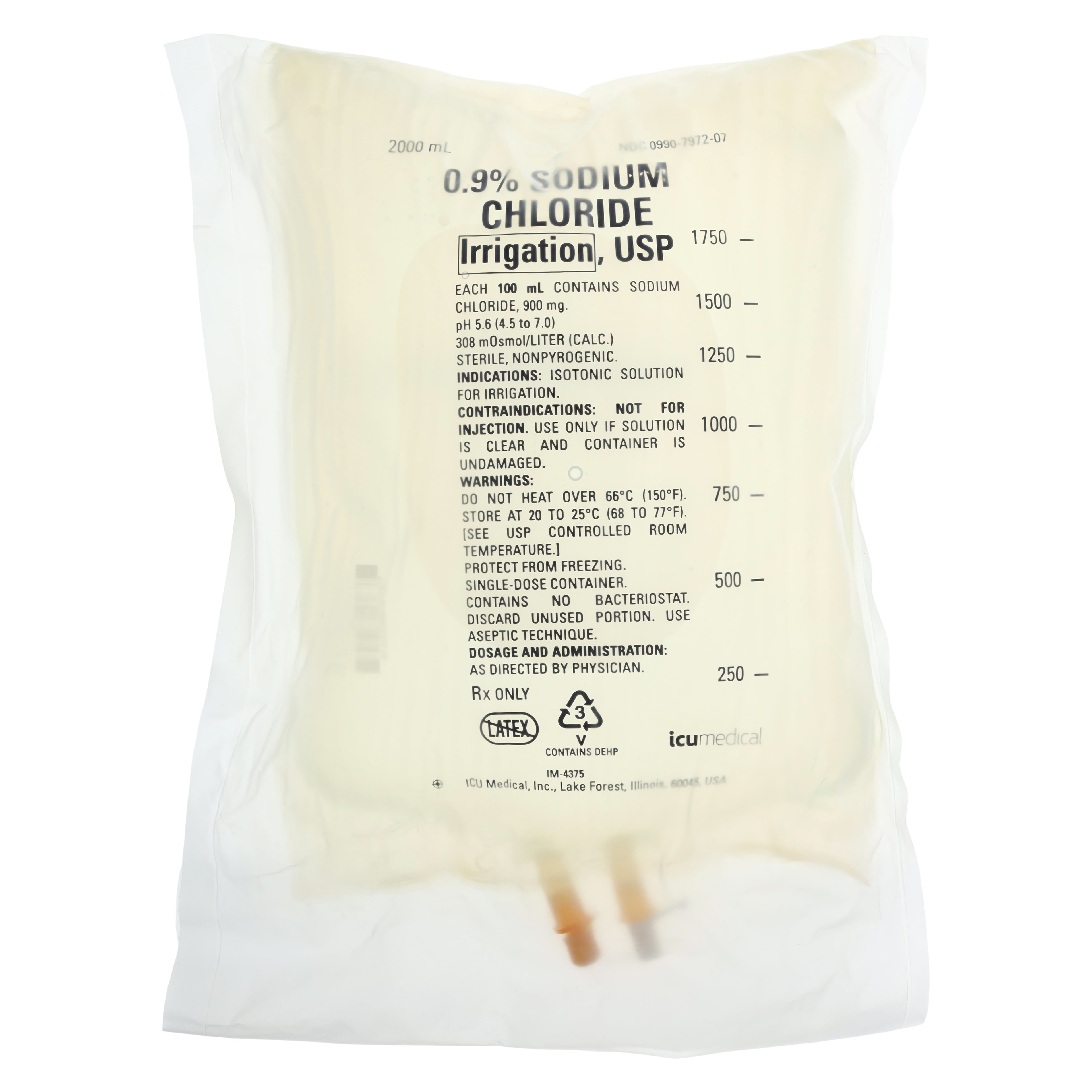 ICU Medical Sodium Chloride 0.9% Irrigation Solution, 2000mL Flexible Bag, Sterile, USP, Each
