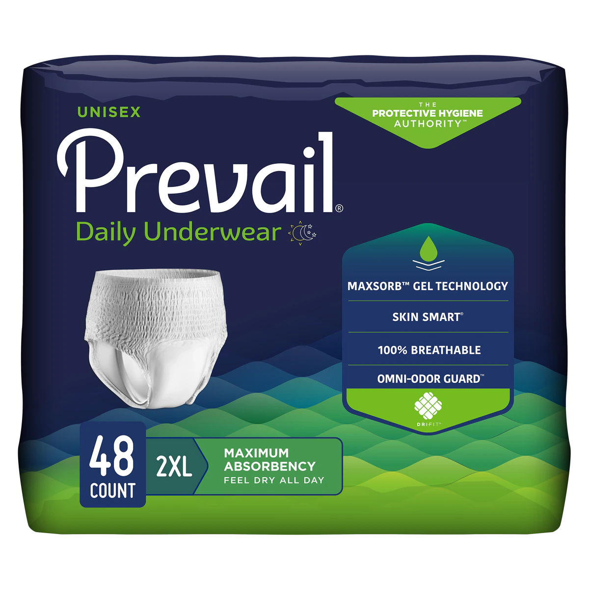 Prevail Incontinence Underwear, Unisex, 2XL (68-80" Waist), Moderate, White, Odor Guard, Pull-Up with MaxSorb, 48/Case