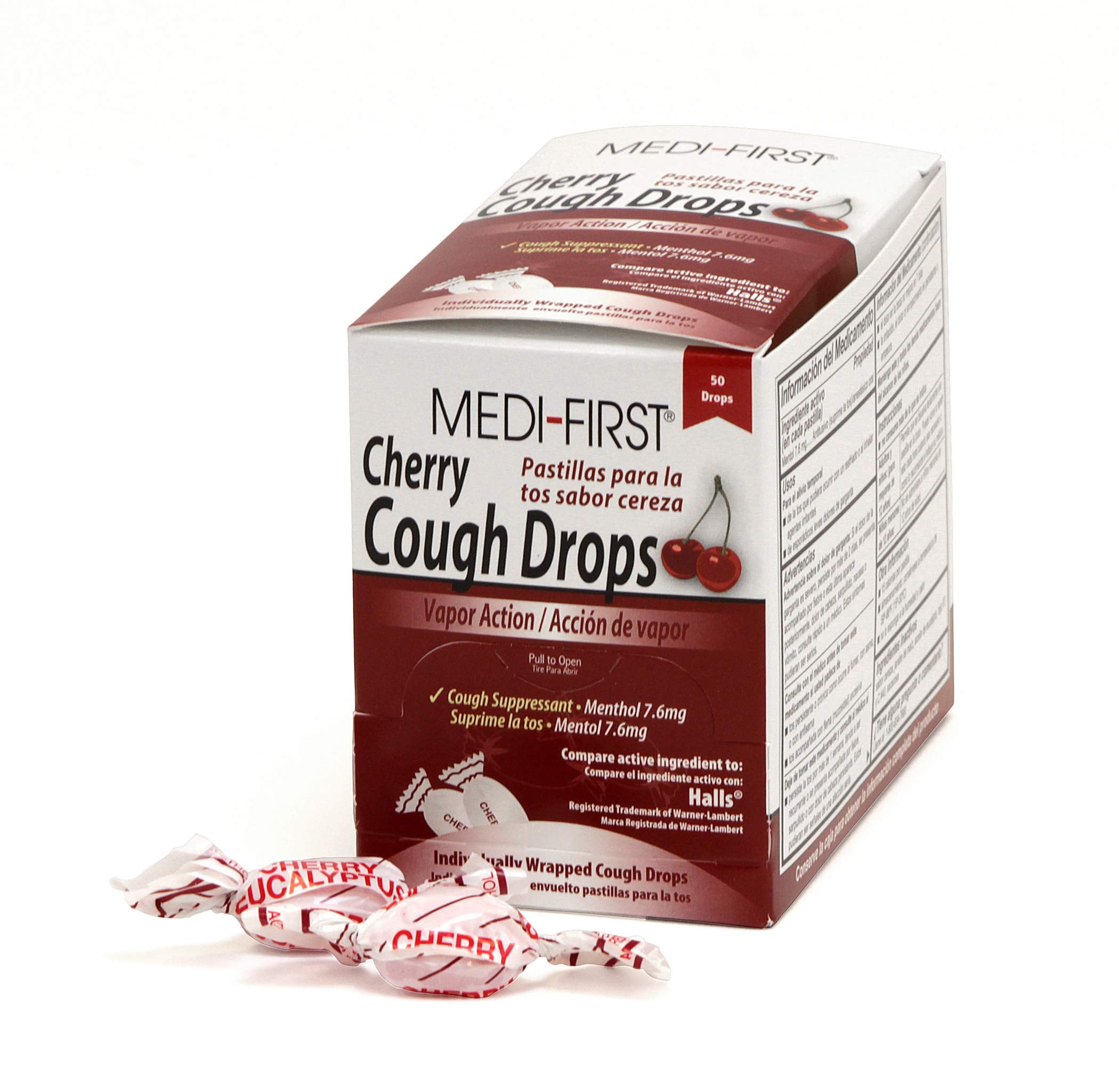 Medi-First Cherry Cough Drops, 7.6 mg Menthol, 50 Drops per Box, 24 Boxes per Case
