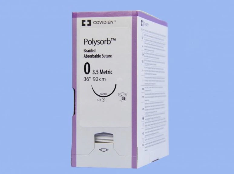 Medtronic Polysorb Absorbable Suture, Size 0, 36" Polyester Braid, GS-25 Taper Point 1/2 Circle Needle 48mm, Violet, 36/Cr