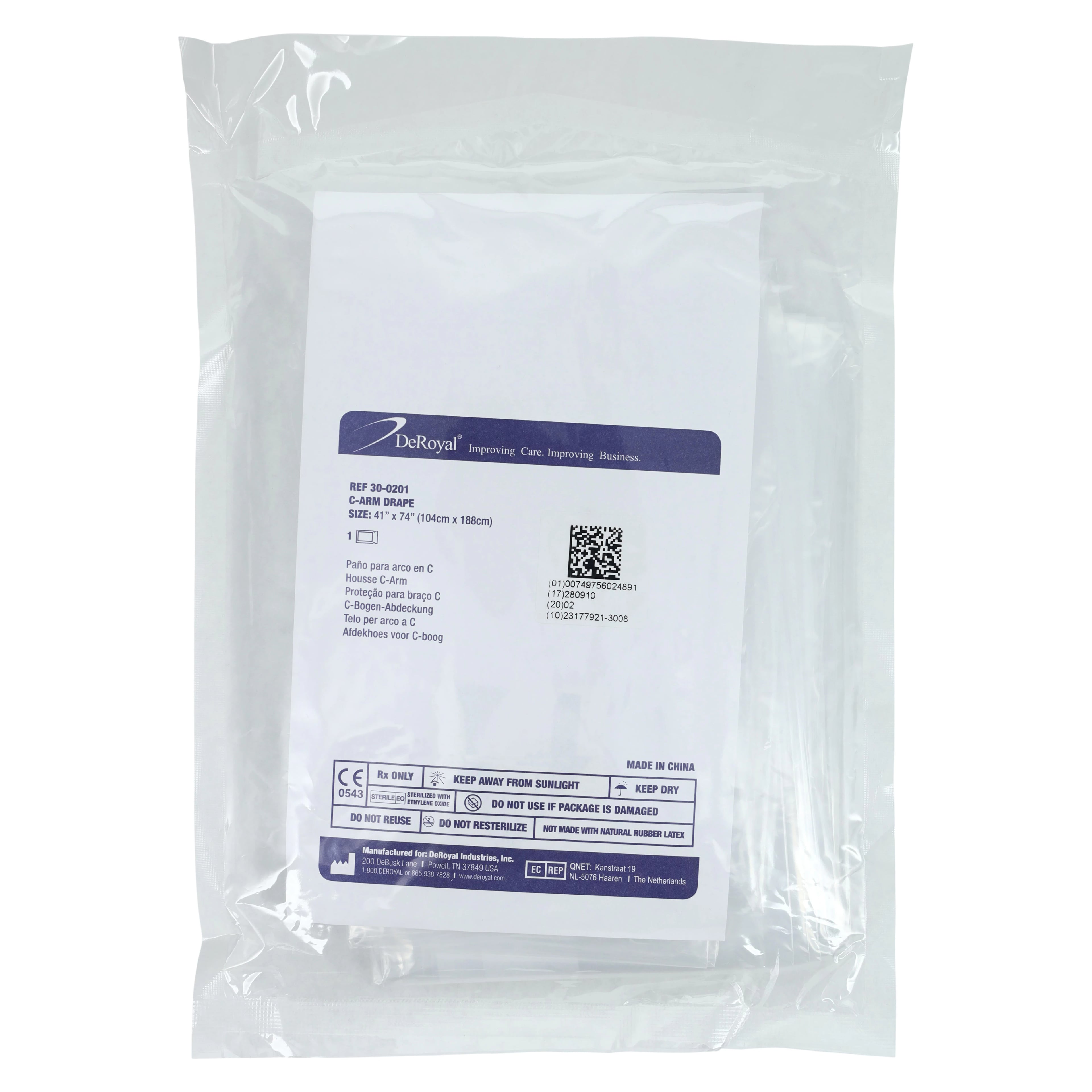 DeRoyal Sterile C-Arm Drape, Clear, 41x74" (44x75" Nominal)