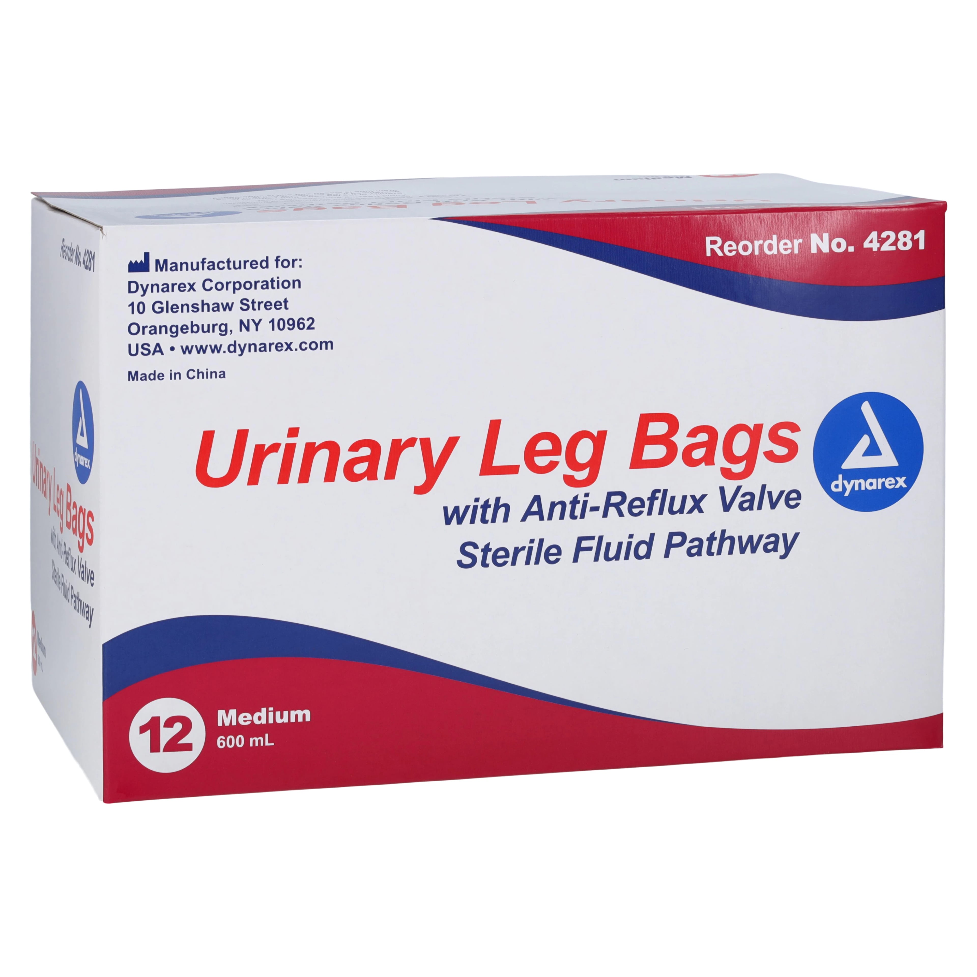 Dynarex Urinary Leg Bag, 600 mL, Disposable, Anti-Reflux Valve, Medium