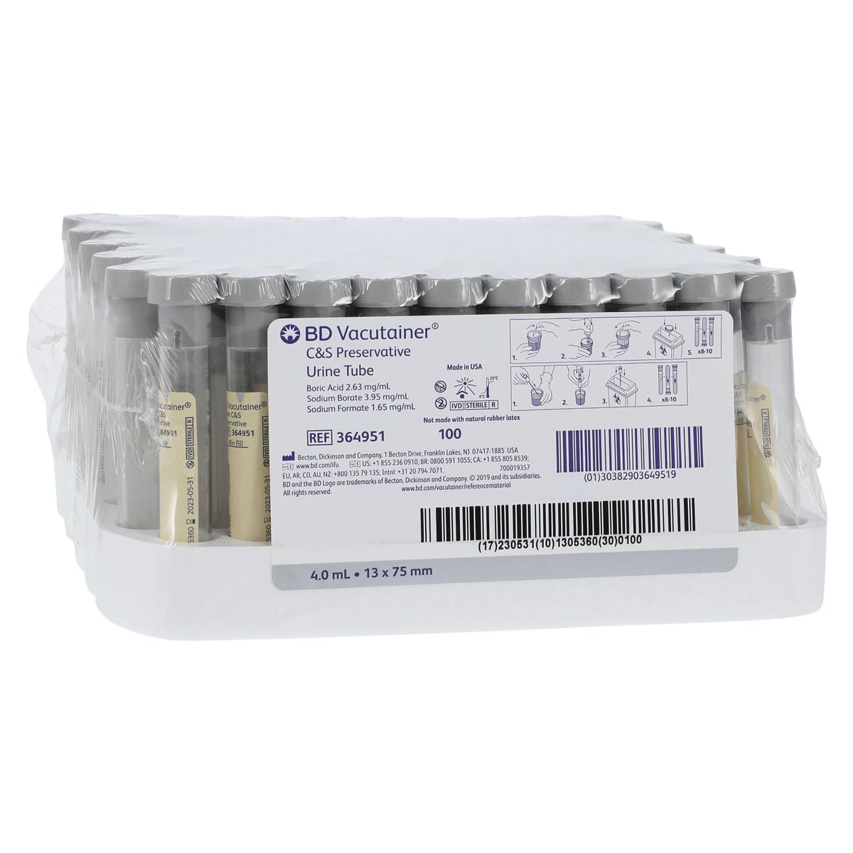 BD Vacutainer Urine Collection Tube, 4mL, Plastic, Sterile, Conventional Closure, Gray, 100/Box