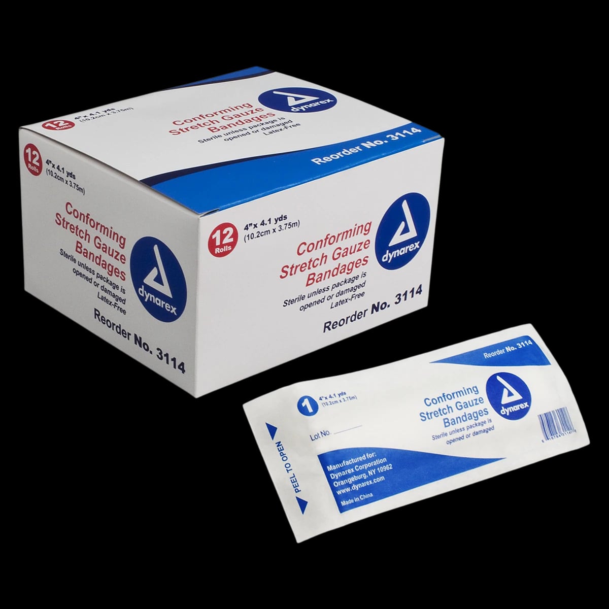 Dynarex Stretch Gauze Bandage Roll, Sterile, 4" x 4.1 yd, 12/Bx, #3114