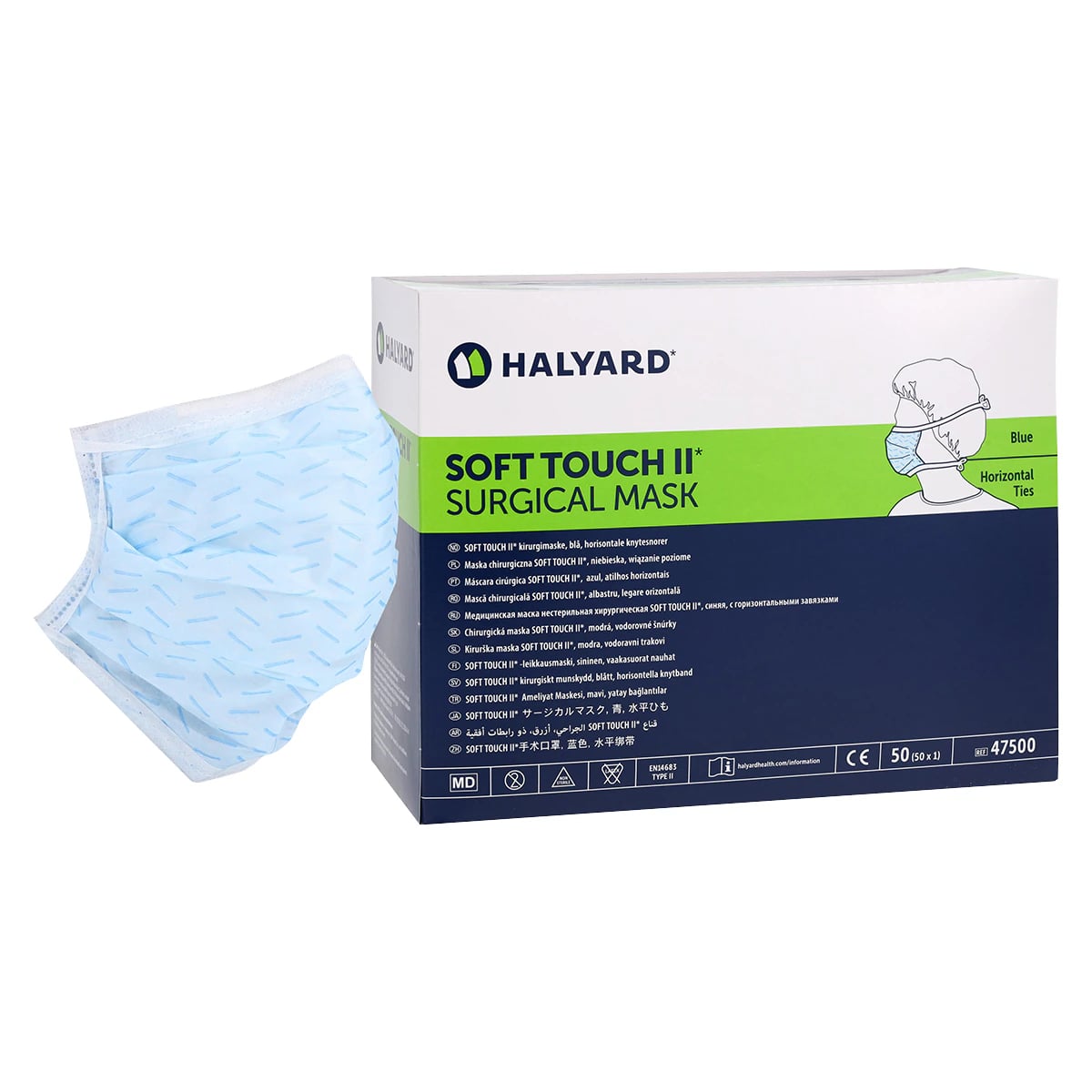 Halyard Soft Touch II Surgical Mask, Tie-On, Enclosed Nosepiece, Blue, Non-Latex, 50/Box