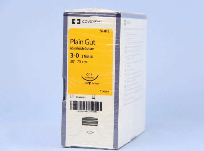 Medtronic Surgigut Plain Gut Absorbable Suture, 3-0, 30", C-14 Reverse Cutting 3/8 Circle Needle 24mm, Undyed, 36/Case