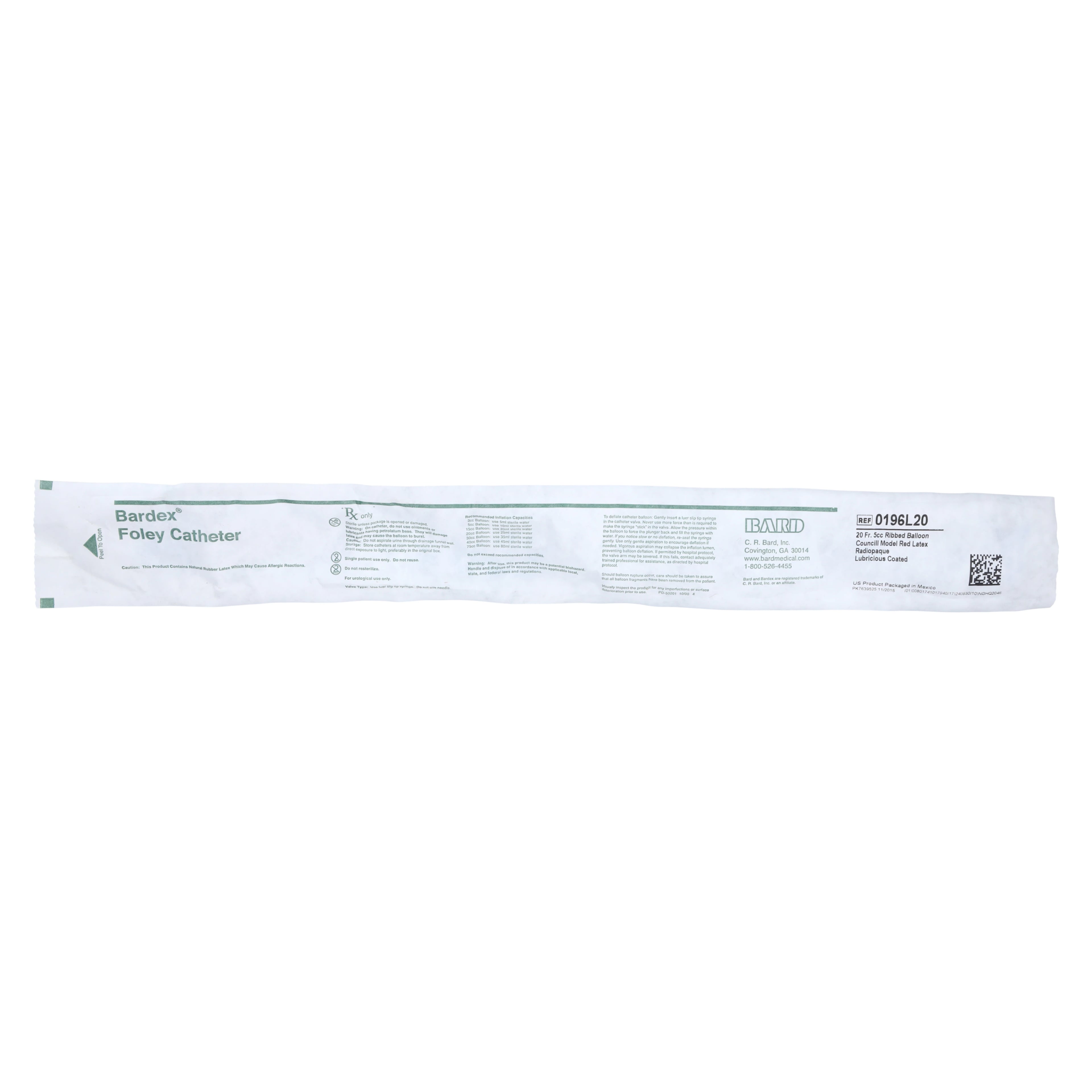 Bard Lubricath 2-Way Foley Catheter, Short Open Tip, Hydrogel Coated, 20Fr, 5cc, 20Fr