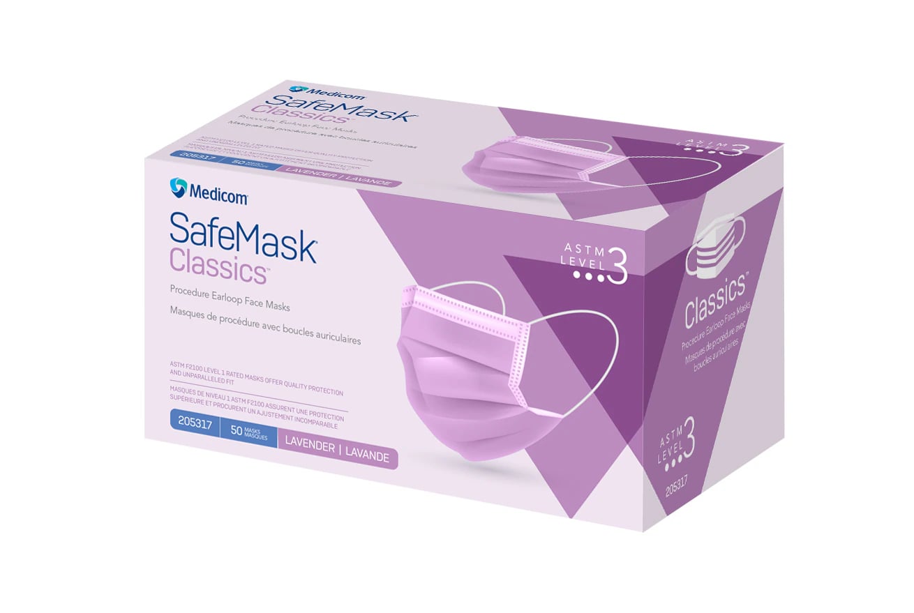 Medicom SafeMask Classics Earloop Face Mask, ASTM Level 3, Lavender, 50/Box, 205317
