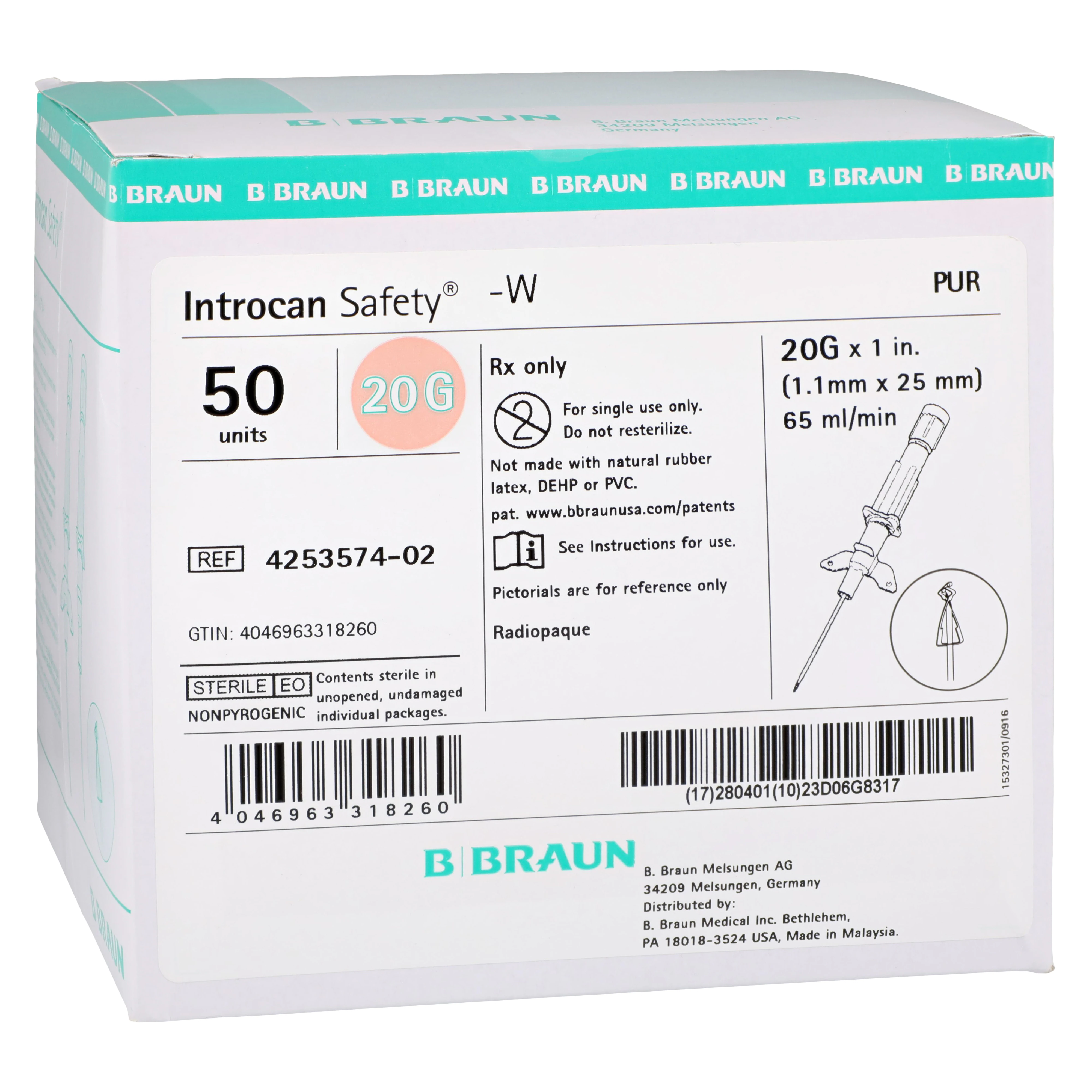 Introcan Safety IV Catheter, 20 Gauge, 1", Polyurethane, Non-DEHP/Non-PVC, Sterile, Pink, Winged, 50/Box