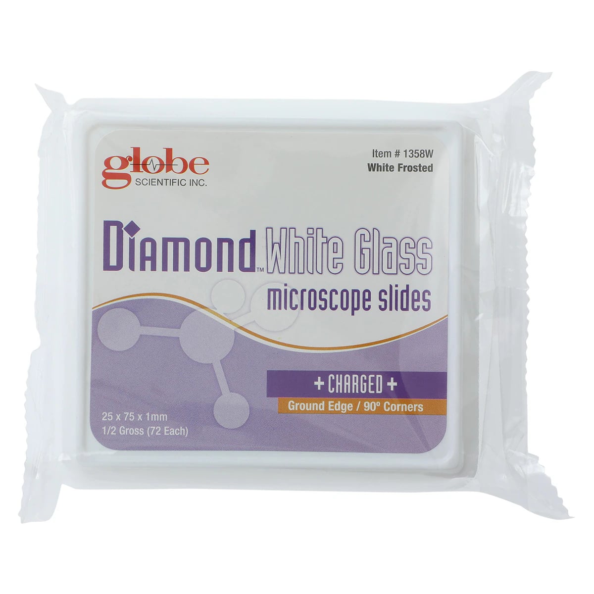 Globe Scientific Diamond Frosted Microscope Slides, 25x75mm, White Glass, Ground Edges, Charged, 72/Box