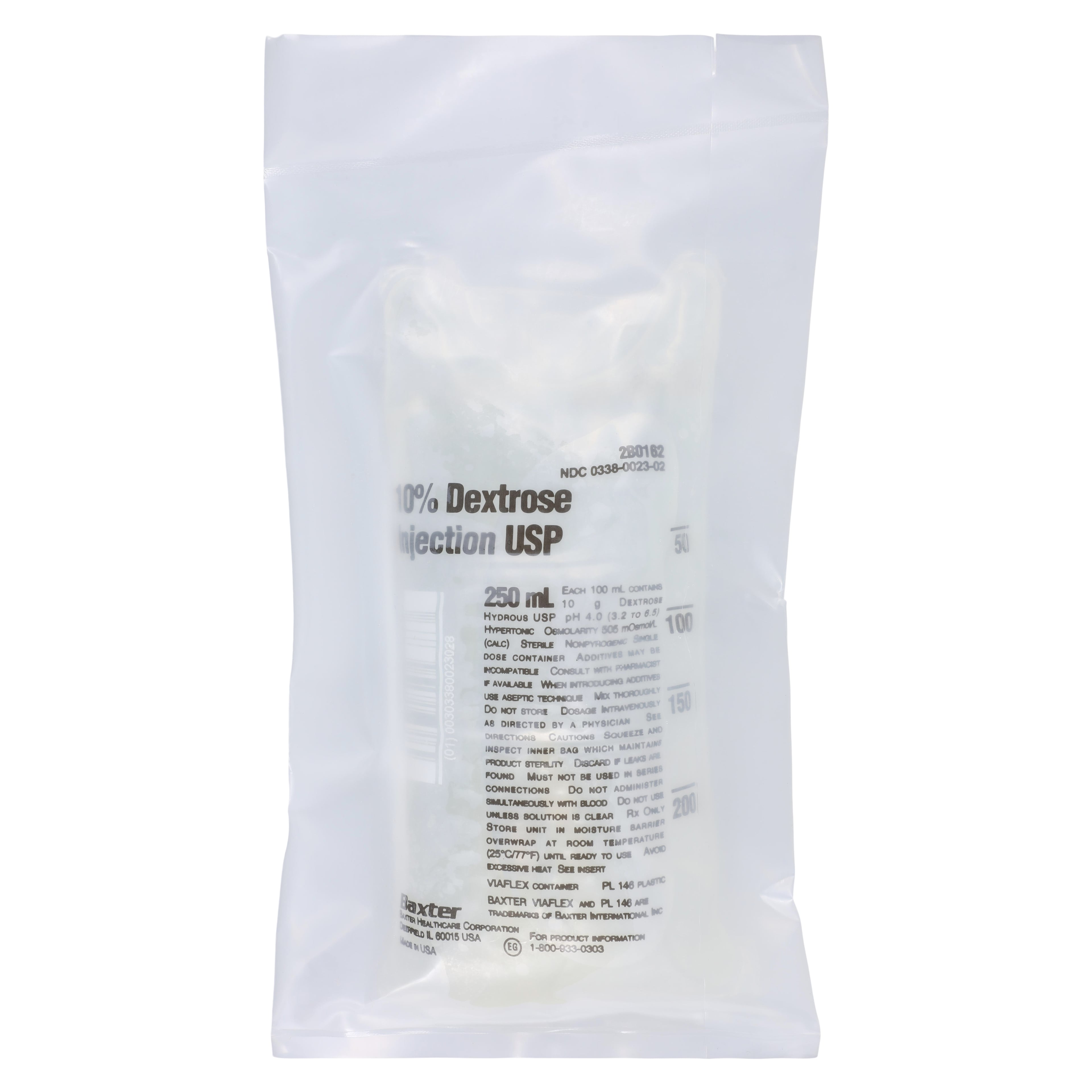Baxter Viaflex Dextrose 10% in Water IV Injection Solution, 250 mL, Plastic Container, Sterile, DEHP-Free, Latex-Free, 36/Case