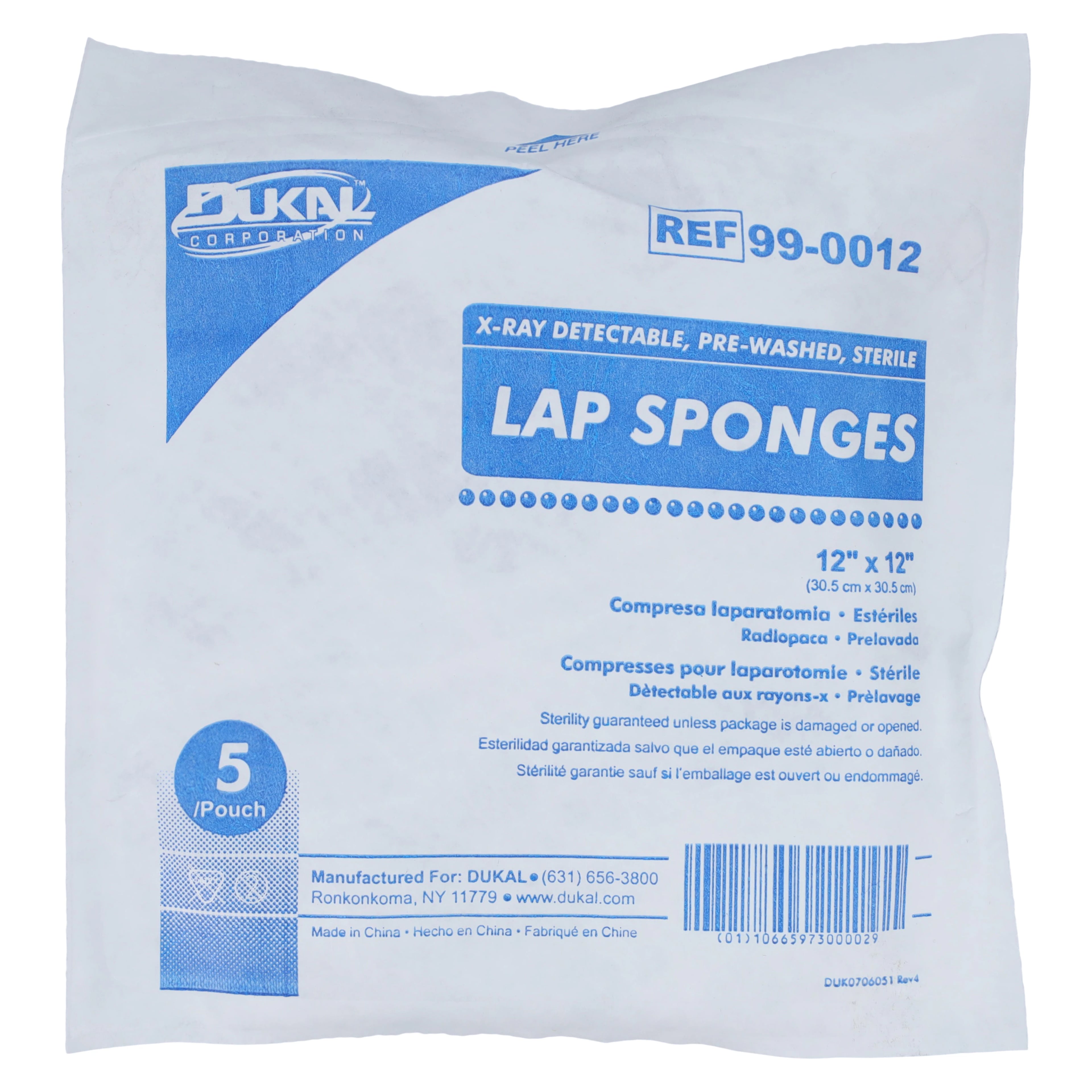 Dukal Laparotomy Sponge, Pre-Washed, Sterile, 12x12", X-Ray Detectable, Cotton