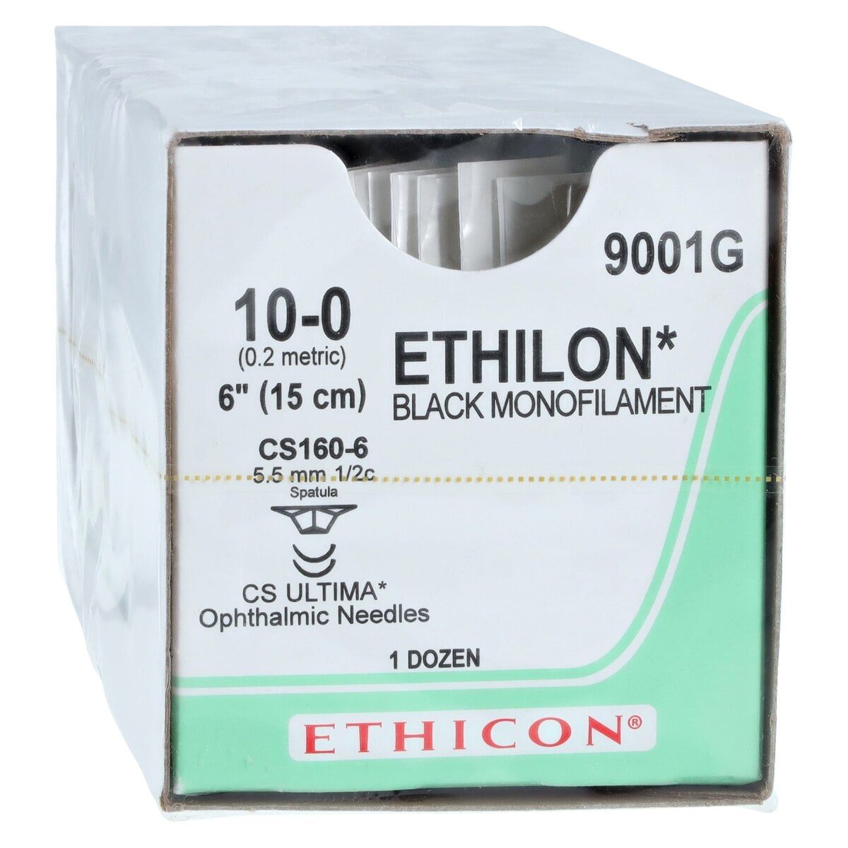 Ethicon Ethilon Nylon Monofilament Non-Absorbable Suture, Size 10-0, 6", Black, CS160-6 Ultima Spatula Needle, 1/2 Circle, 12/Box, 9001G